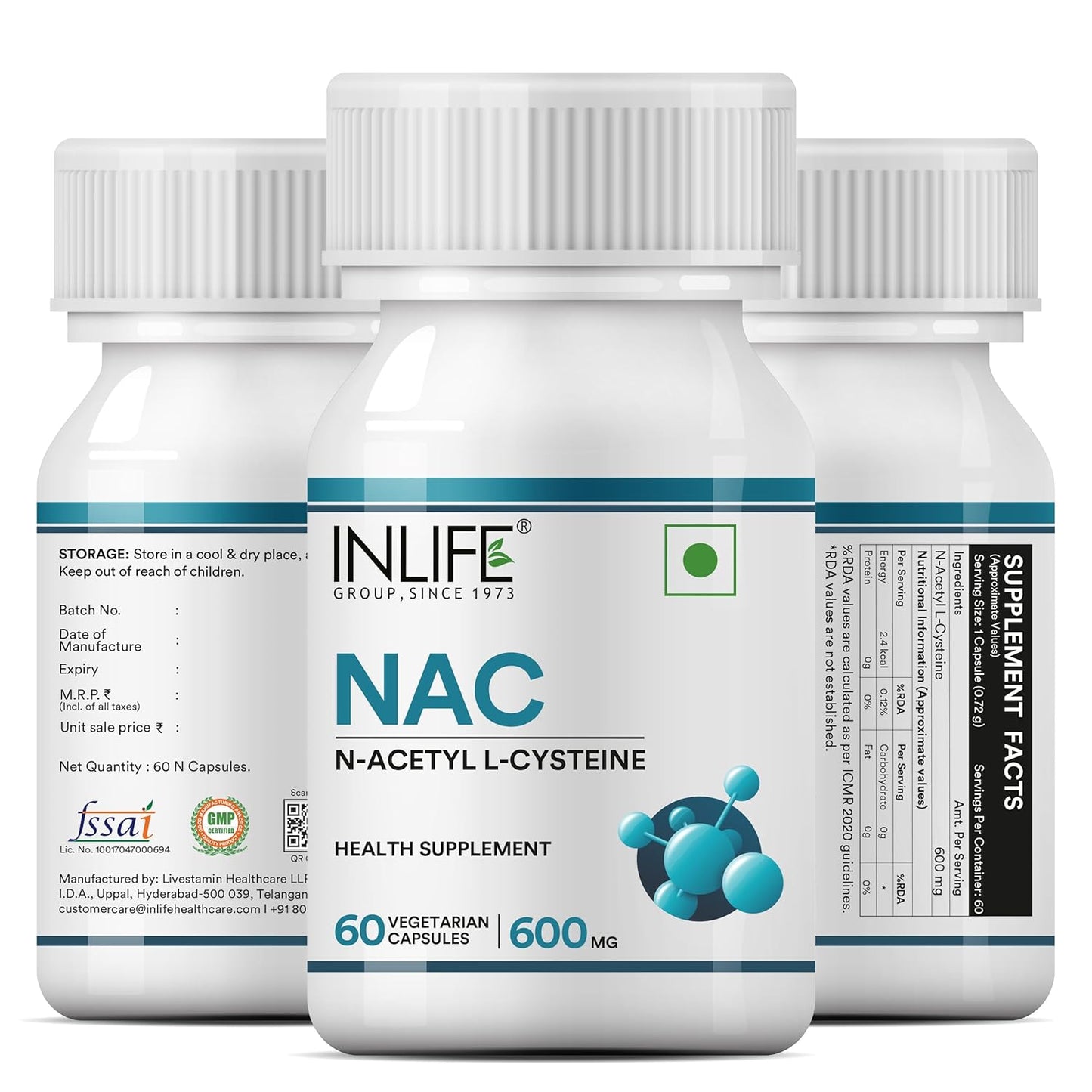 INLIFE N Acetyl Cysteine NAC Supplement 600mg | Antioxidant, Supports Liver & Respiratory Health - 60 Vegetarian Capsules (Pack of 1)