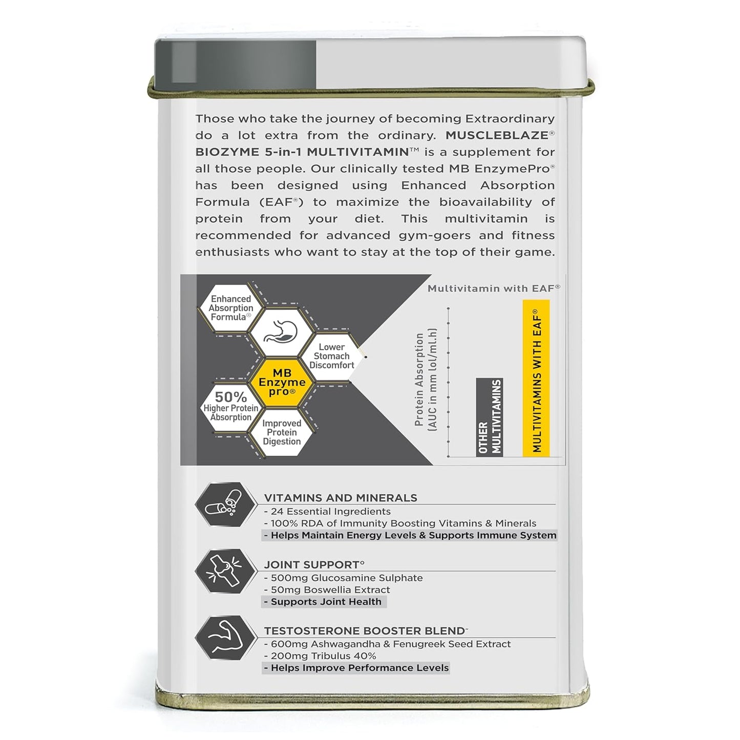 MuscleBlaze Biozyme Daily Multivitamin|5-In-1 Supplement With Vitamins,Minerals,Joint,T-Booster Blend|With Us Patent Published Eafa|For Higher Energy & Improved Performance,1 Count,90 Capsules
