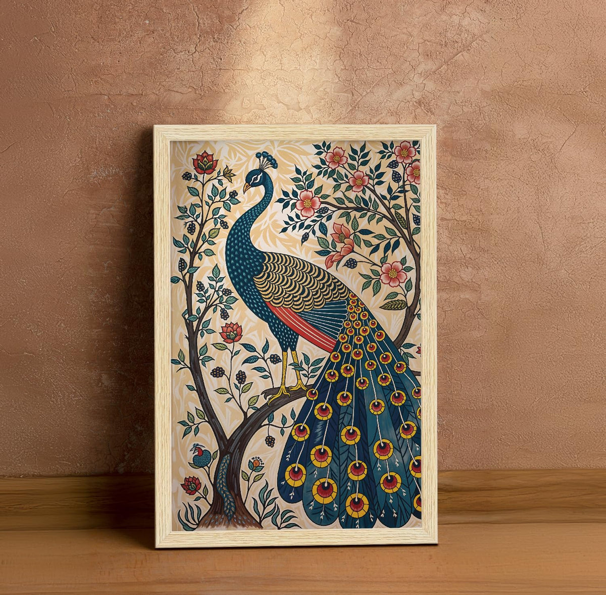 Peacock Painting For Wall Vastu with Frame for Home Decoration, Madhubani Painting for Living Room, 12.0 X 18.0 inches, Set Of 1