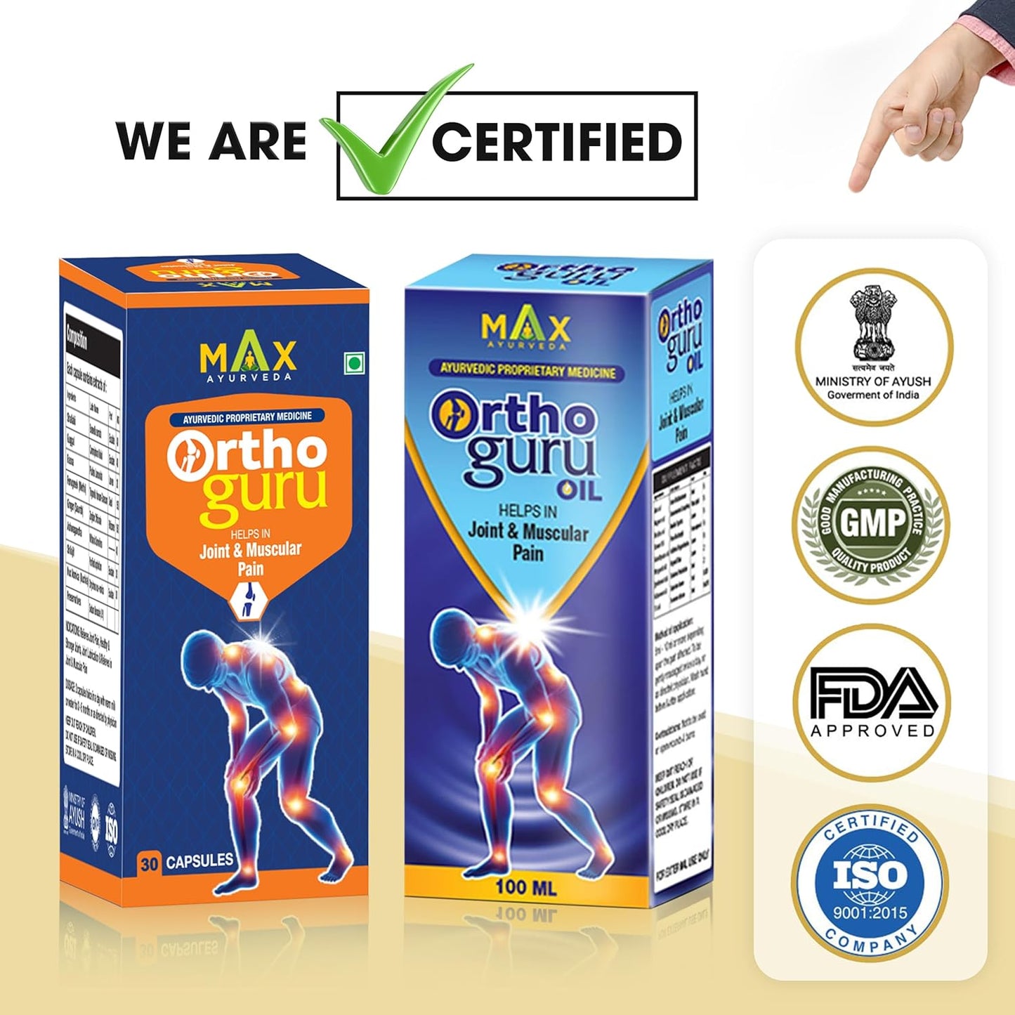 Max Ayurveda Orthoguru Capsules & Oil for Muscle and Joint Pain (30 Capsules + 100ml Oil)