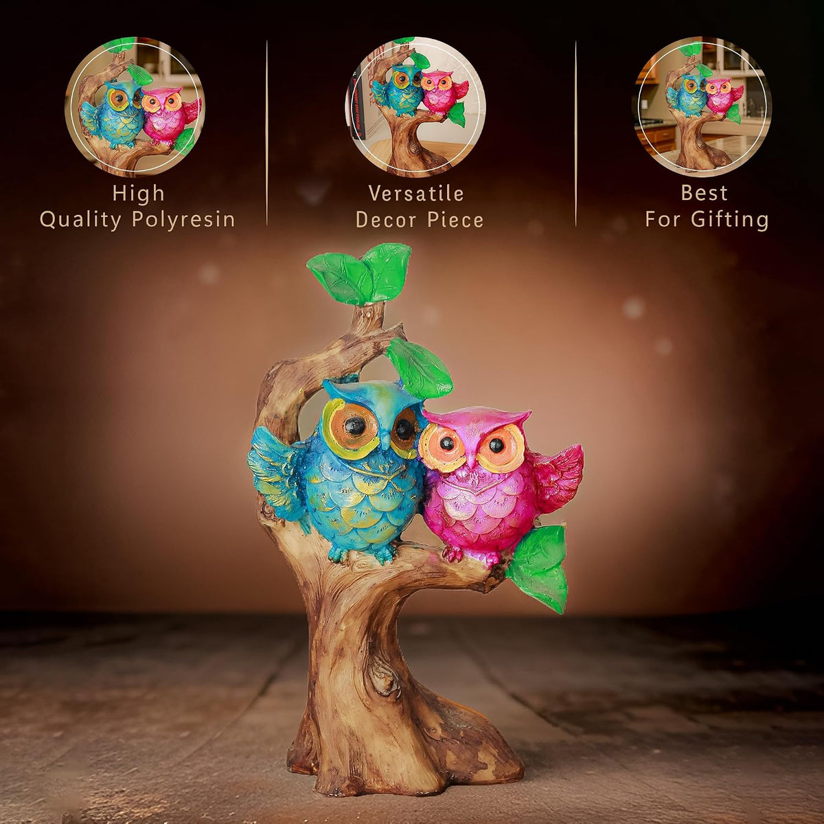 Poly Resin Owl Statue | Owl Sculpture for Good Luck | Owl Couple on Tree Showpiece Idol for Garden, Home Decoration, Table, Living Room | Gift for Anniversary | Set of 1