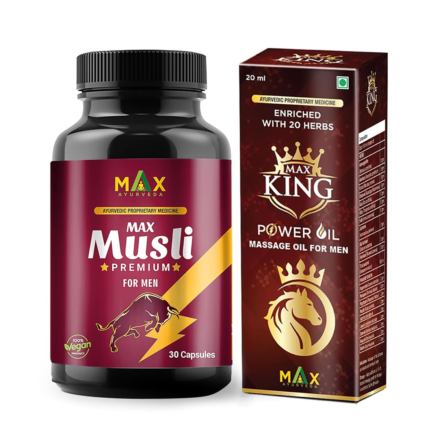 Max Ayurveda Musli Premium Capsules & King Power Ayurvedic Herbal Massage Oil For Men - Combo Pack (30 Capsules + 1 Oil Bottle)