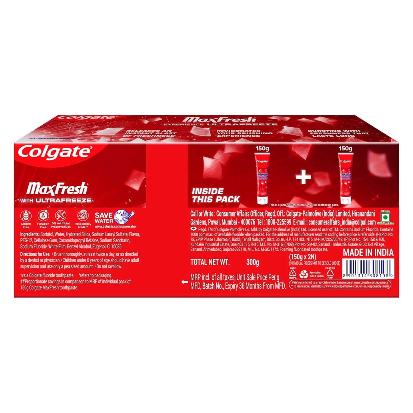 Colgate Max Fresh Toothpaste, Red Gel Paste with Menthol For Tooth Decay Prevention, Cavity Protection, Gum Protection, Whitening, Eliminates Bad Breath (300g, 150g X 2, Spicy Fresh, Saver Pack)