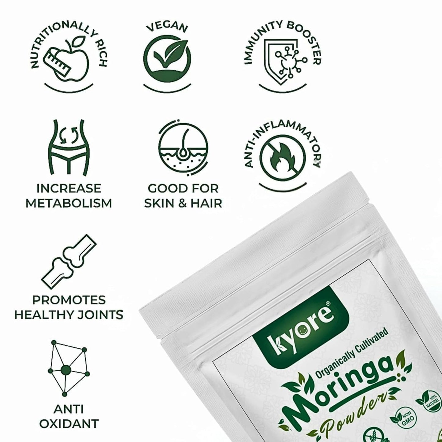 Kyore Moringa Powder packaging with health benefits icons on a white background