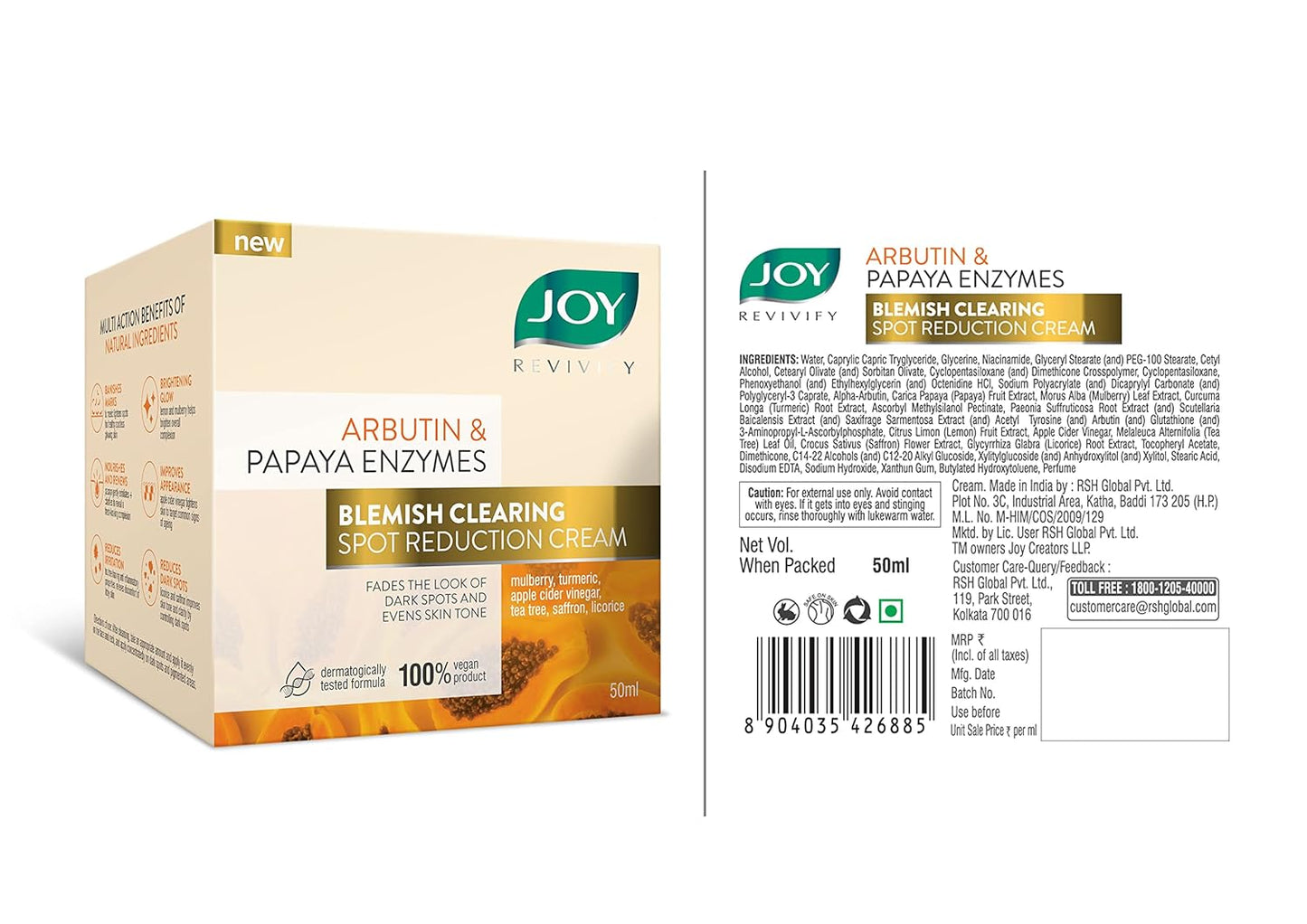 Joy Revivify Arbutin & Papaya Enzymes Blemish Clearing Spot Reduction Cream | Skin Brightening Cream| Soothing | Anti-ageing properties | Pollution defense – 50 ml