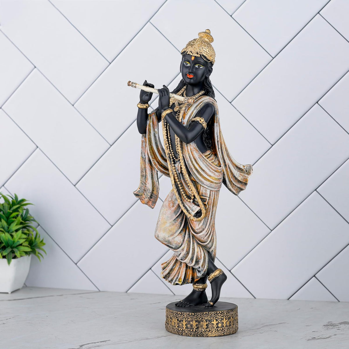 Krishna Idol Statue Showpiece for Pooja Home Decor Items for Living Room and Gifts (Black Antique Orange)