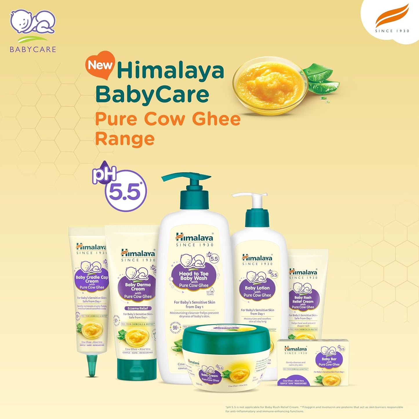 Himalaya BabyCare Pure Cow Ghee Range products on a beige background
