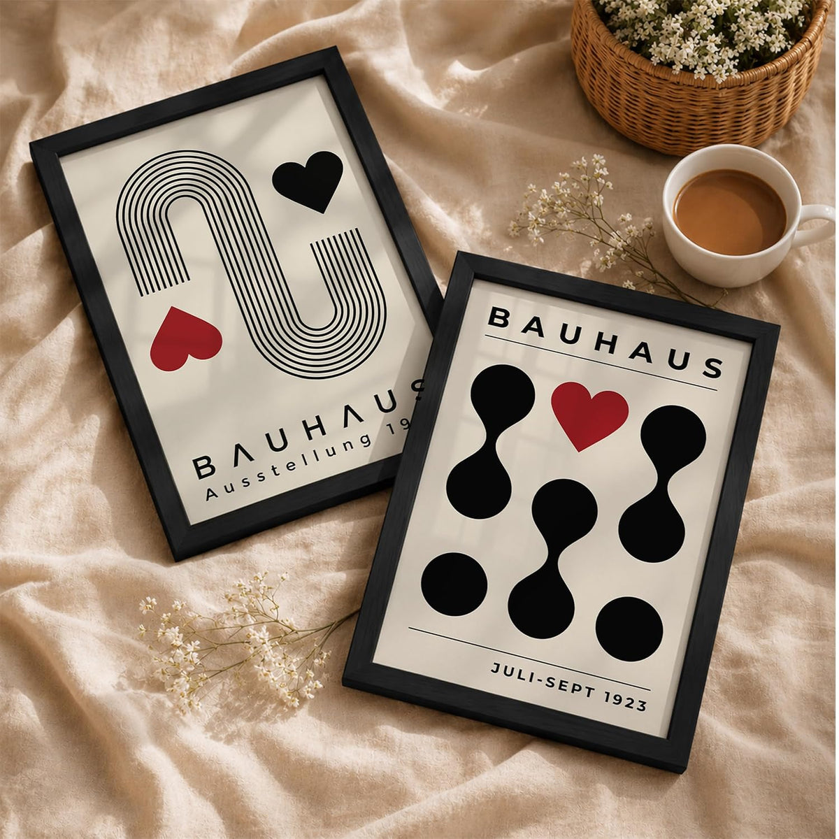 Bauhaus Wall Art Set of 2 Framed Paintings | Geometric Abstract Modern Art Poster Black Red | Living Room Office Contemporary Home Décor (Art 14, 10x13 Inches)