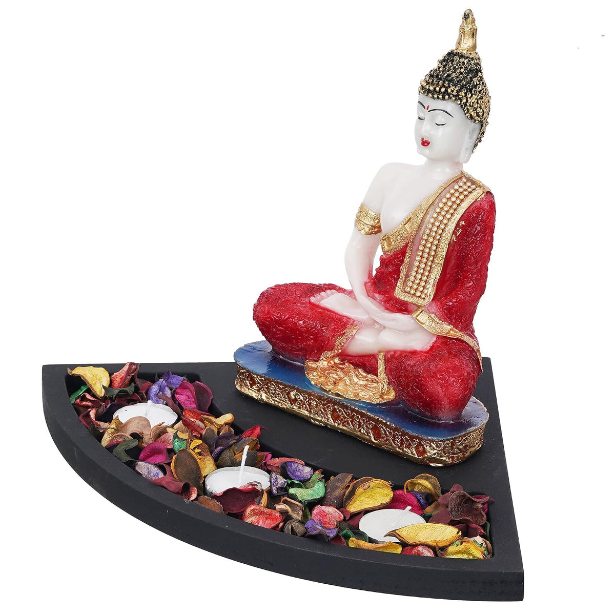 Red Resin Meditating Lord Buddha Statue Tea Light Candle Holder| Buddha Idol Tealight Holder| Diwali Decoration Item for Home Decor| Buddha Showpiece Gift for Diwali Housewarming Birthday