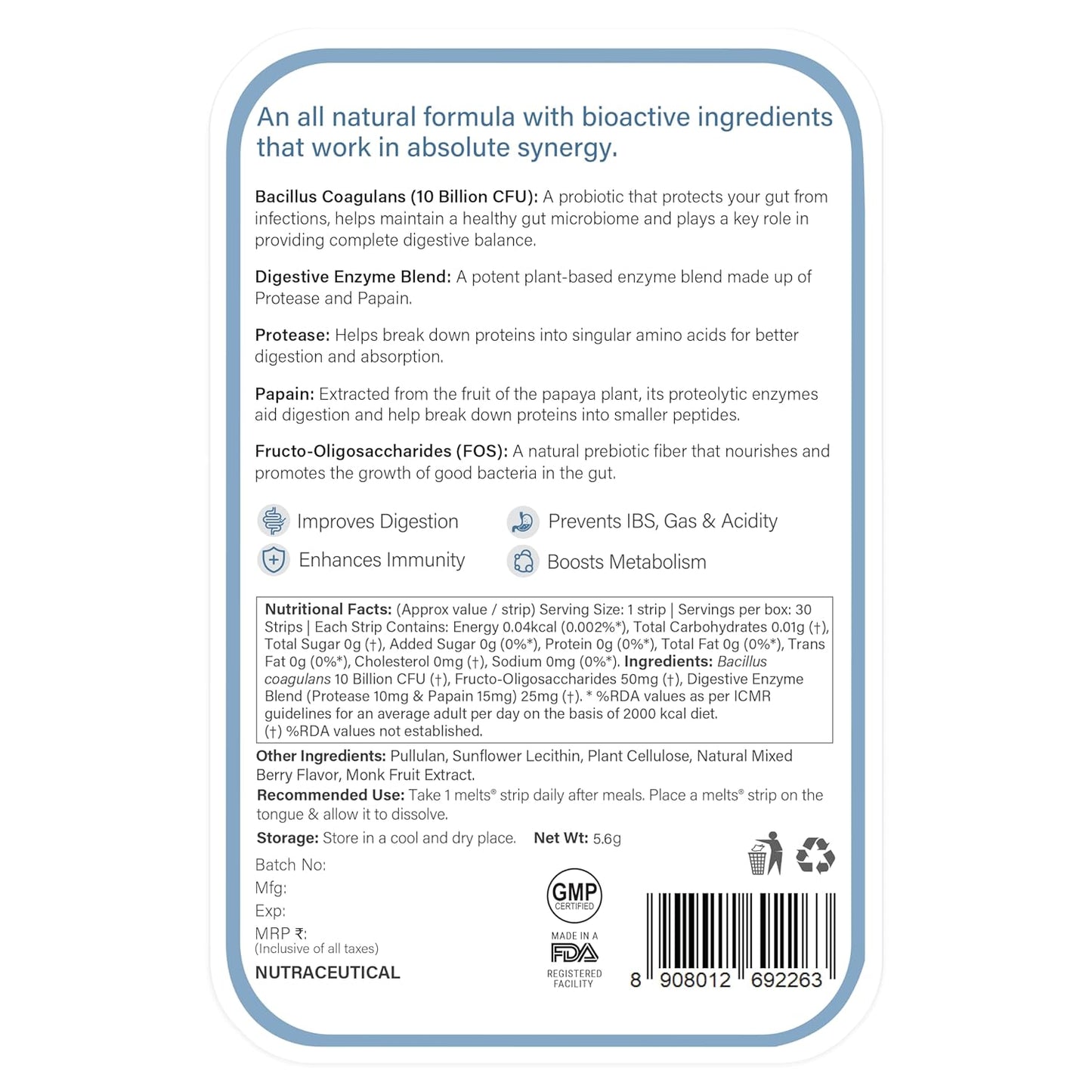Wellbeing Nutrition Melts Healthy Gut | To Curb Indigestion, Gas, Acidity and Bloating, Gut Health Supplement with 10 Billion CFU Probiotics, Digestive Enzymes (30 Oral Strips)