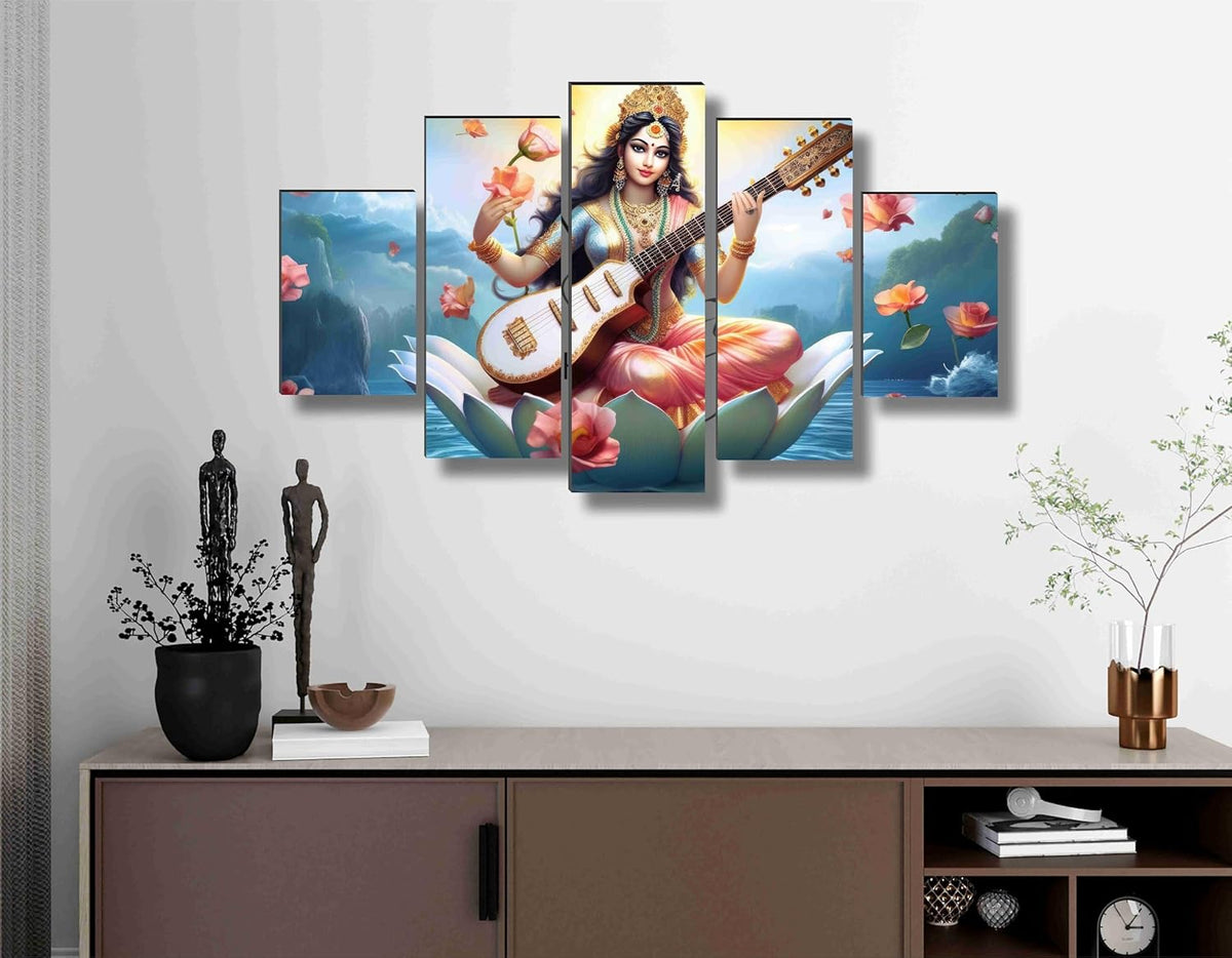 Saraswati ma Paintings for Living Room | Painting for Wall Decoration | 3D Wall Art for Bedroom | lord Saraswati Religious Wall Painting Set of 5 (75 x 45 cms) SANFPNLS35507