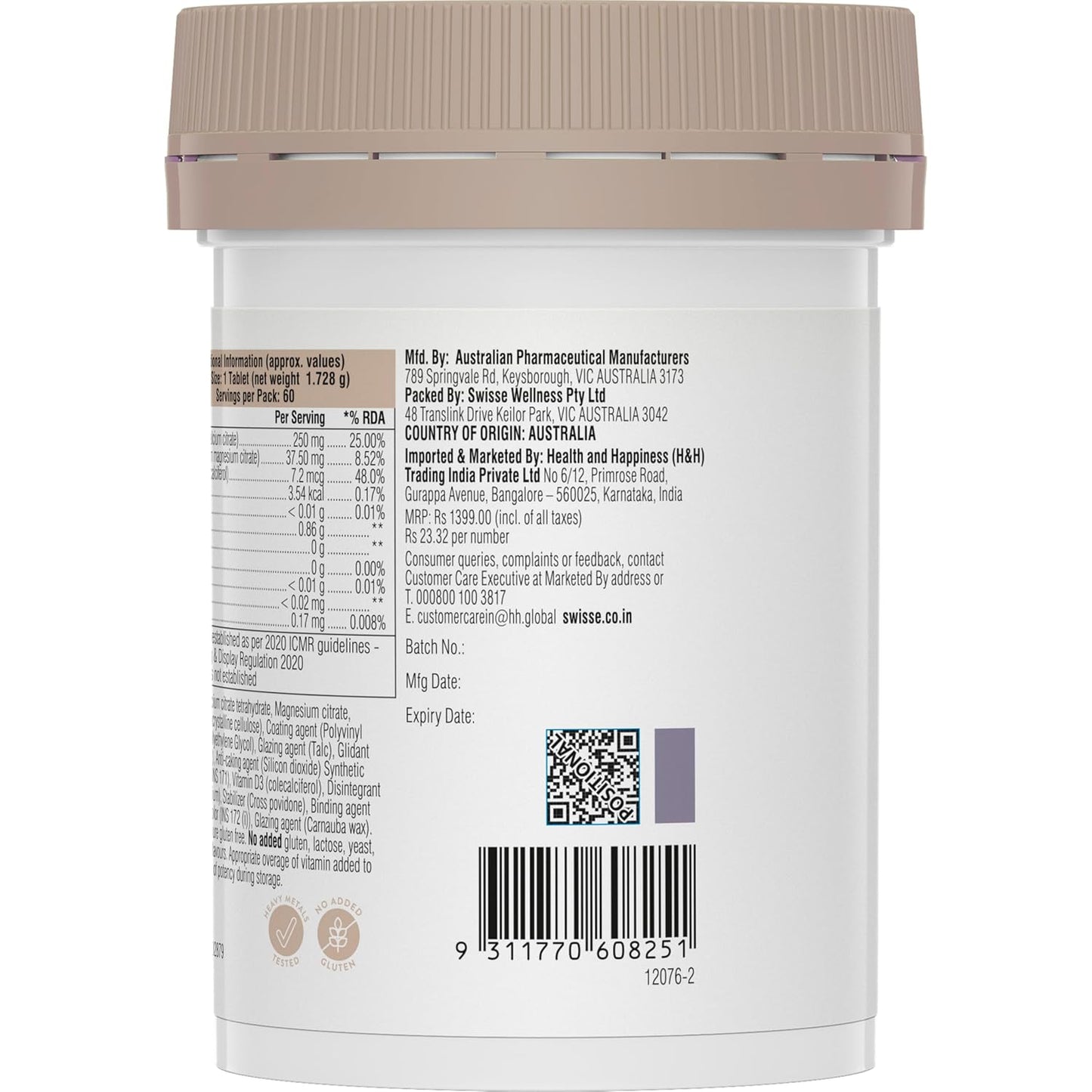 Zephivo Swisse Magnesium, Calcium+D3 Supports Muscle Function, Energy & Bone Health (Manufactured In Australia) - 60 Tablets (1 Tablet Per Serving)