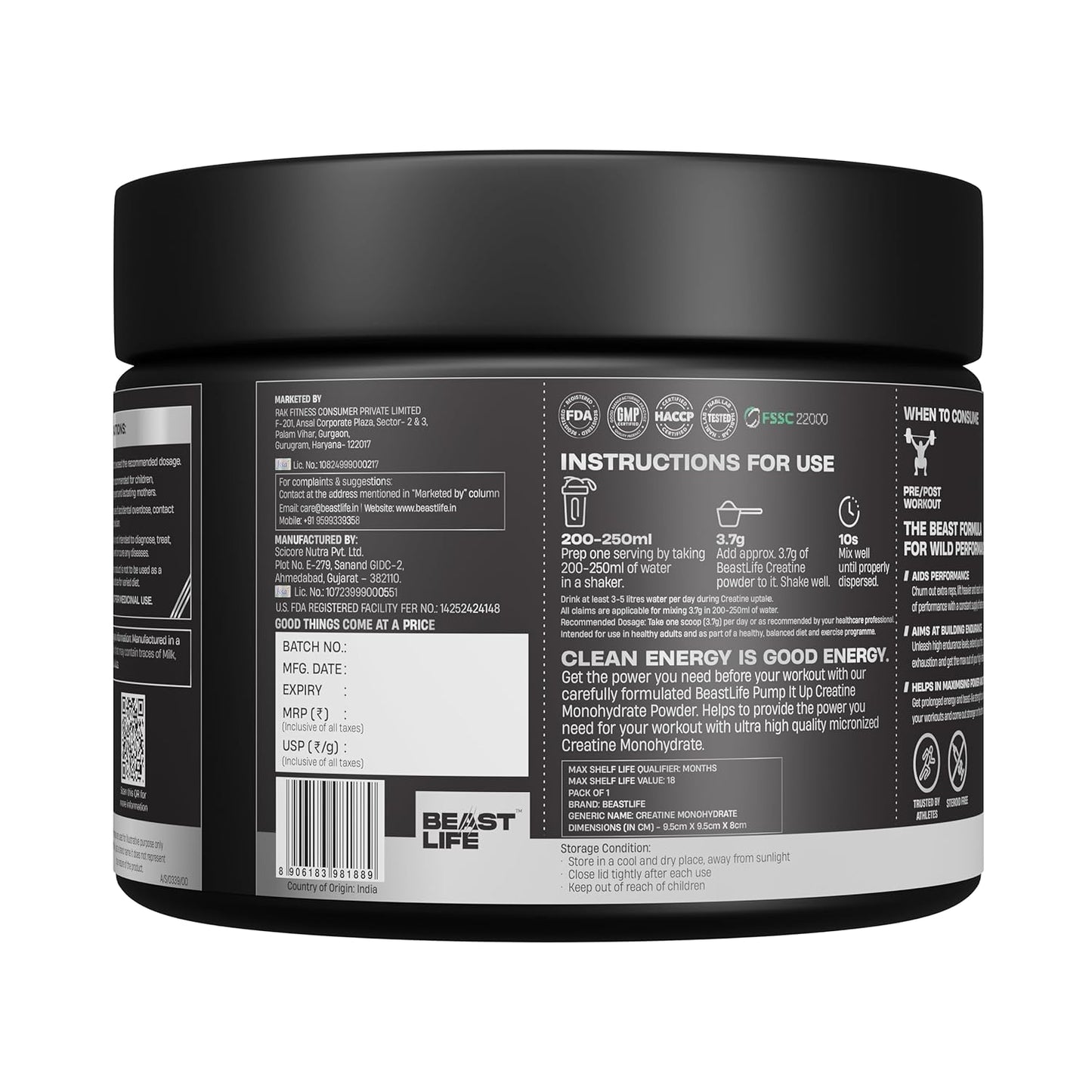 BeastLife Micronised Creatine Monohydrate Powder Shikanji Flavour 125g | 33 Servings | NABL Lab Tested | Rapid Absorption for Muscle Strength & Athletic Performance