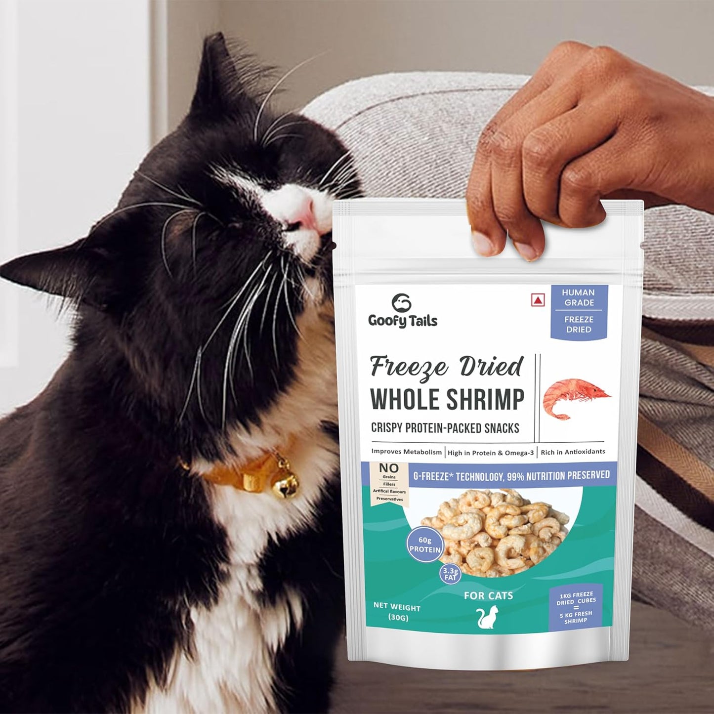 Goofy Tails Freeze Dried Shrimp Cat Treats 30g, Single Ingredient Shrimp Cat Treat, Gluten and Grain Free Treats for Cats, Protein and Omega 3, Antioxidant Rich, Easy to Digest Kitten Treat
