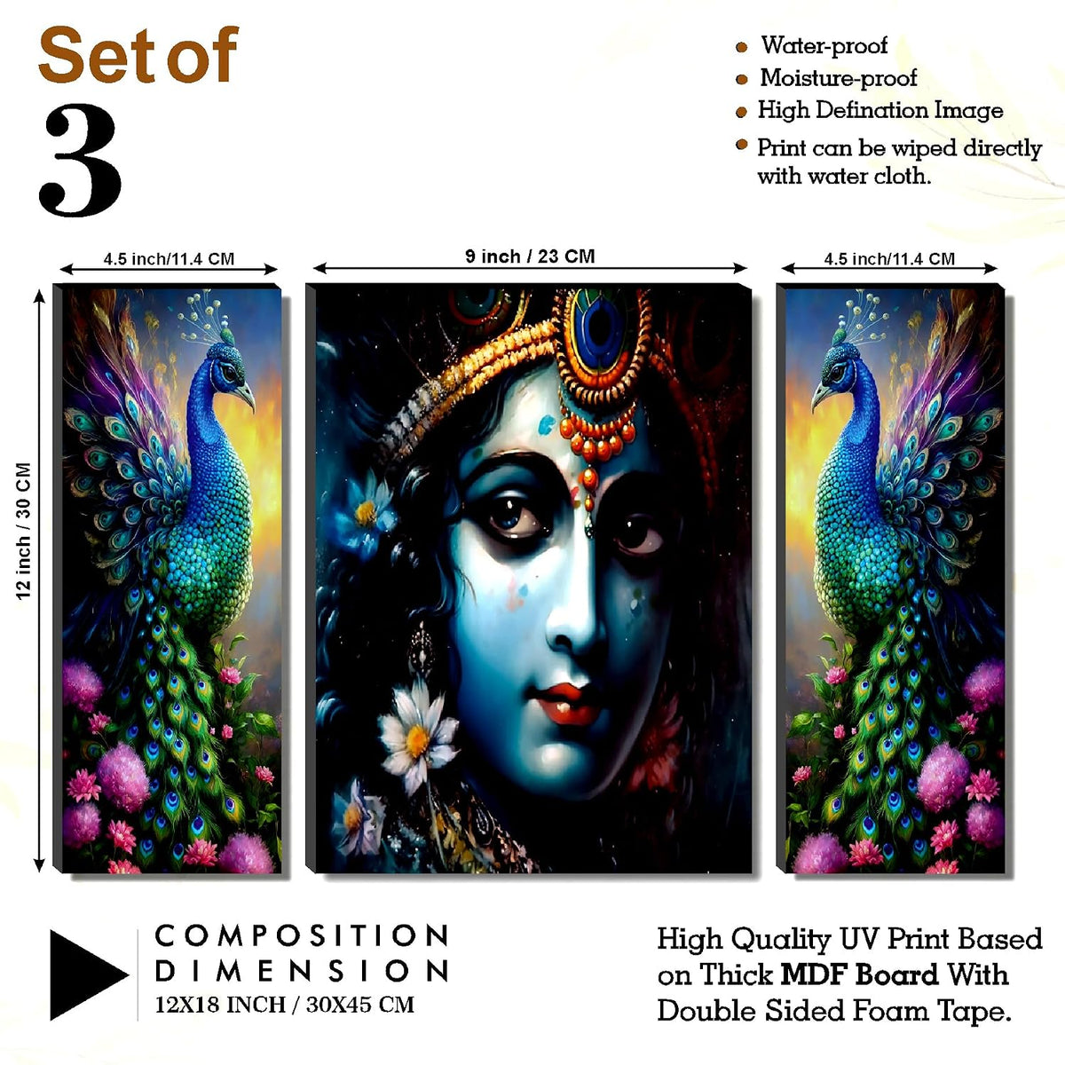 Krishna Divine Glow & Vibrant Peacock Wall Art – 3-Panel UV-Printed Spiritual Triptych | Ready-to-Hang Home Décor (20 Inch x 12 Inch) JM-35292
