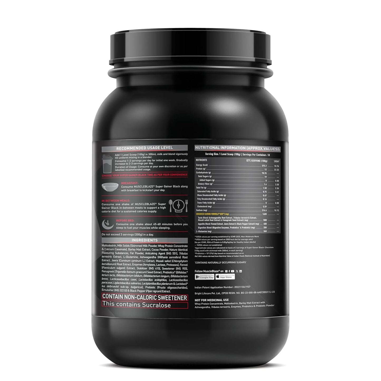 MuscleBlaze Super Gainer Black with Enhanced Gaining Formula™- Appetite, Digestion & Testo Blend for Muscle Mass Gain (Chocolate, 1 kg / 2.2 lb)