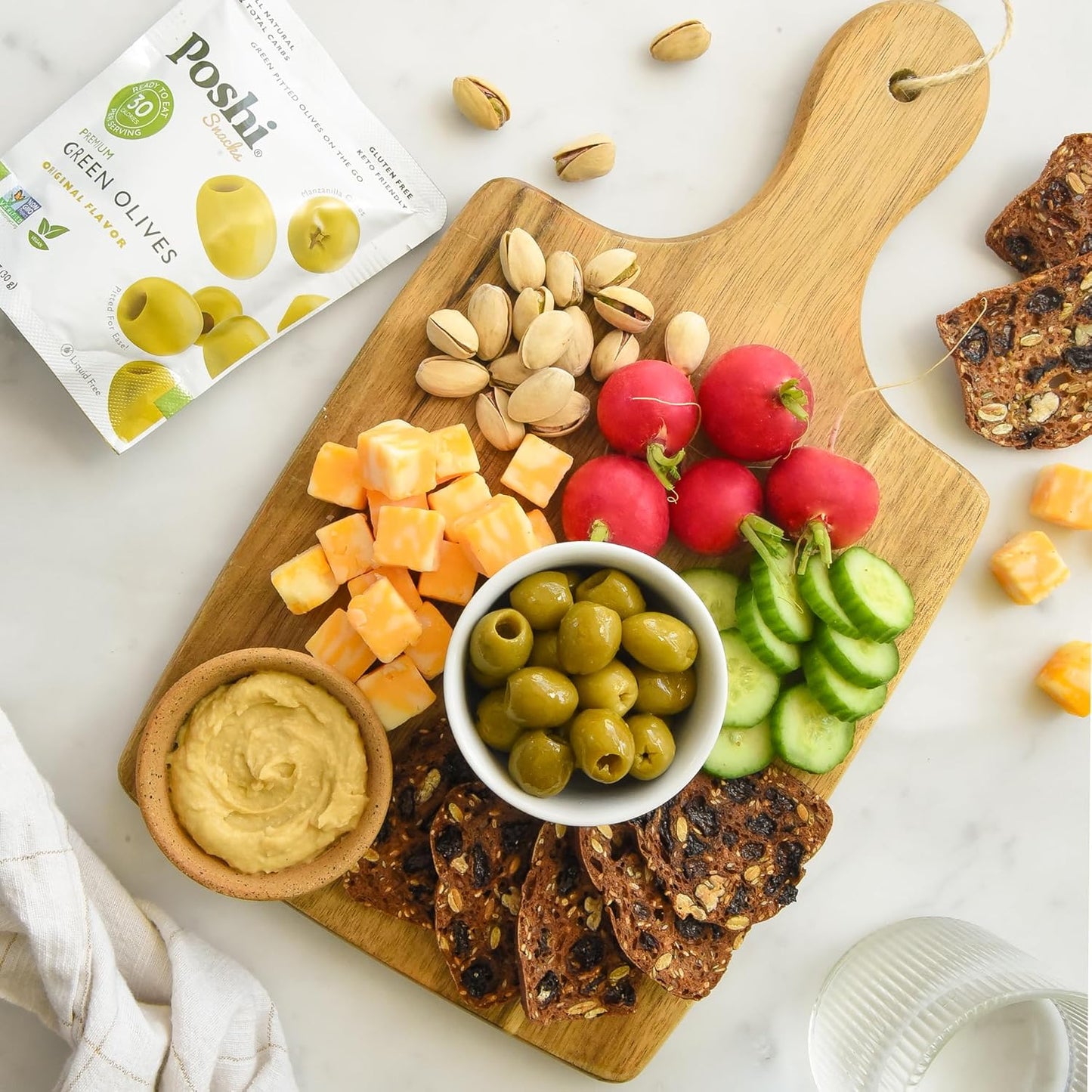 Poshi Green Olives On-The-Go - Single Serve Pitted Olives - Convenient and Healthy Snack Packs - All Natural, Non-GMO, Kosher, Gluten-Free - 1.1 Oz