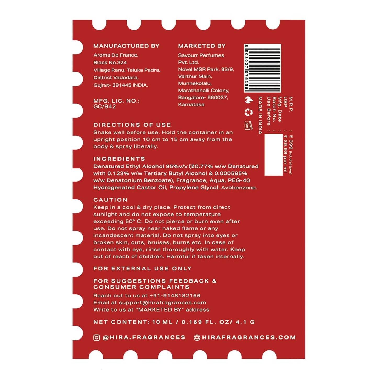 Back label of a perfume bottle with text and product details on a white background
