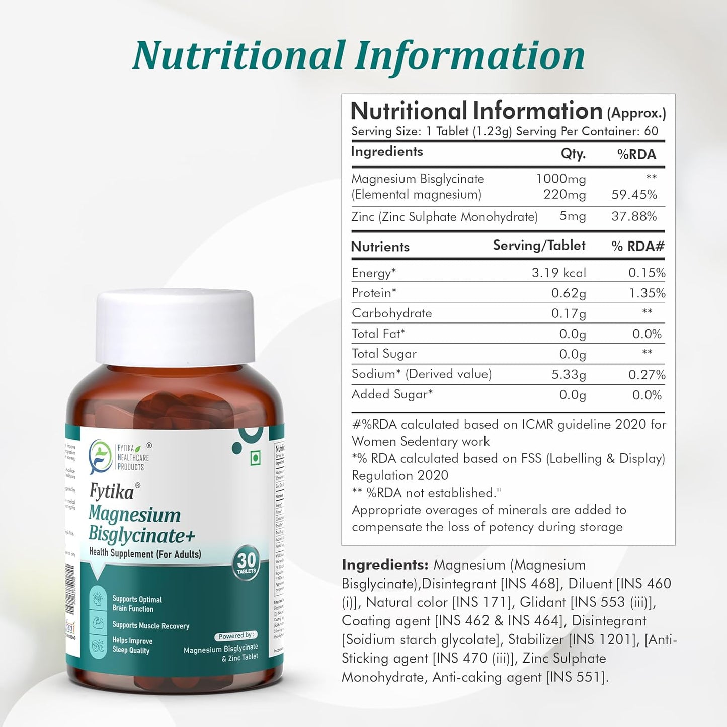 Fytika Magnesium Bisglycinate + | High Absorption Chelated Form| For Better Sleep, Stress Management, Muscle Recovery & Enhanced Workout | With Magnesium glycinate(as Bisglycinate) & Zinc | For Men & Women (Pack of 1 30 Tab)