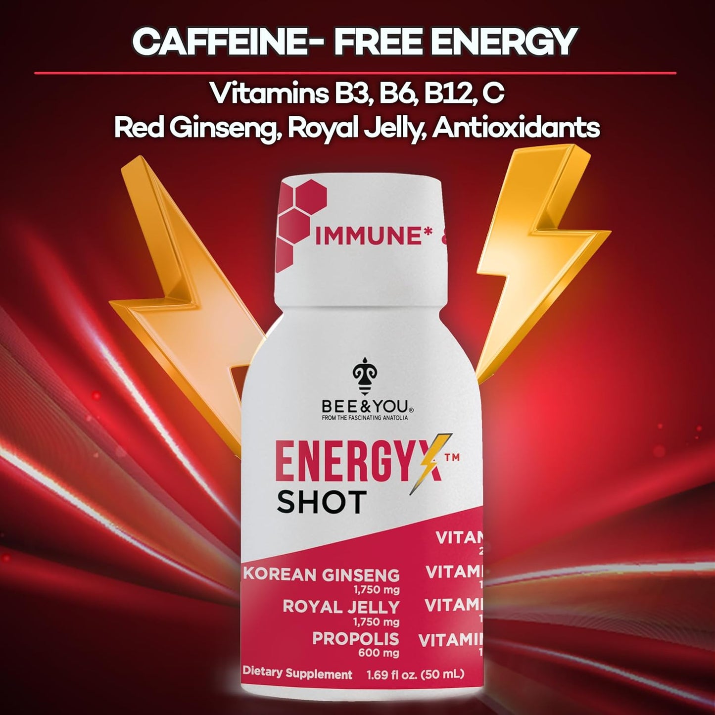 Bee and You Energy X Shot, Korean Red Ginseng, Royal Jelly, Propolis, Caffeine Free Energy Drink, Vitamin C, B3, B6, B12, Immune Support Supplement, Antioxidants, Pomegranate Flavor