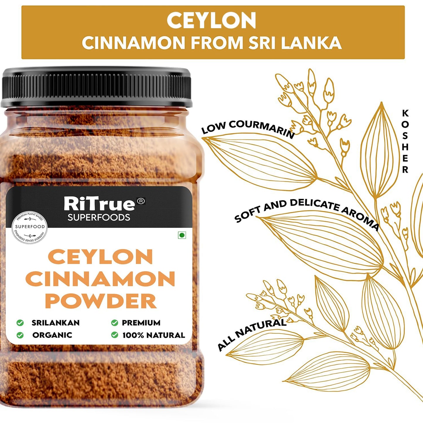 Jar of Ceylon cinnamon powder from Sri Lanka with RiTrue Superfoods branding.