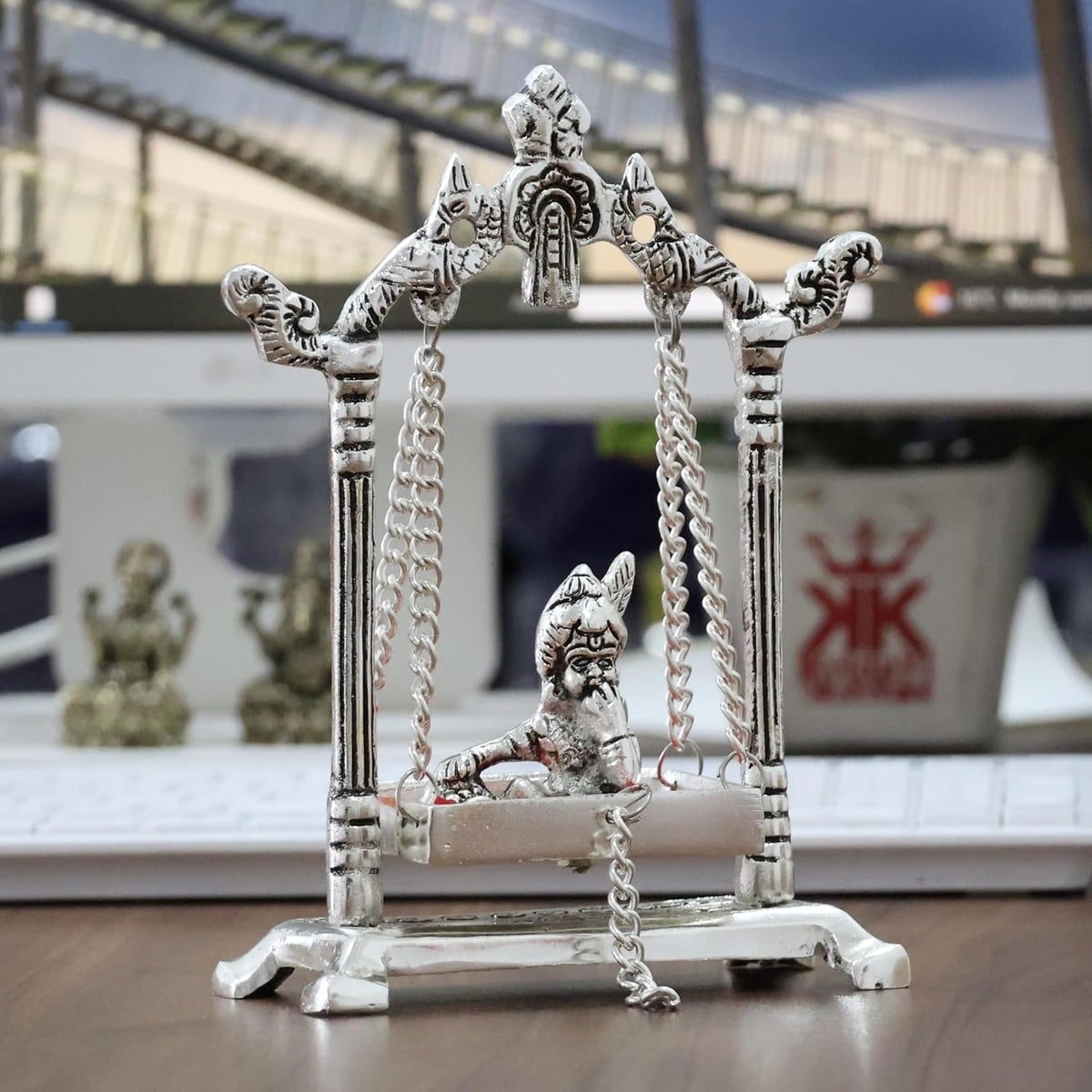 KridayKraft Laddu Gopal on Jhulla Palana Metal Statue Gold Plated Metal Krishna Murti Showpiece Religious Figurines Gift Article for Home and Office Table and Car Dashboard Decor