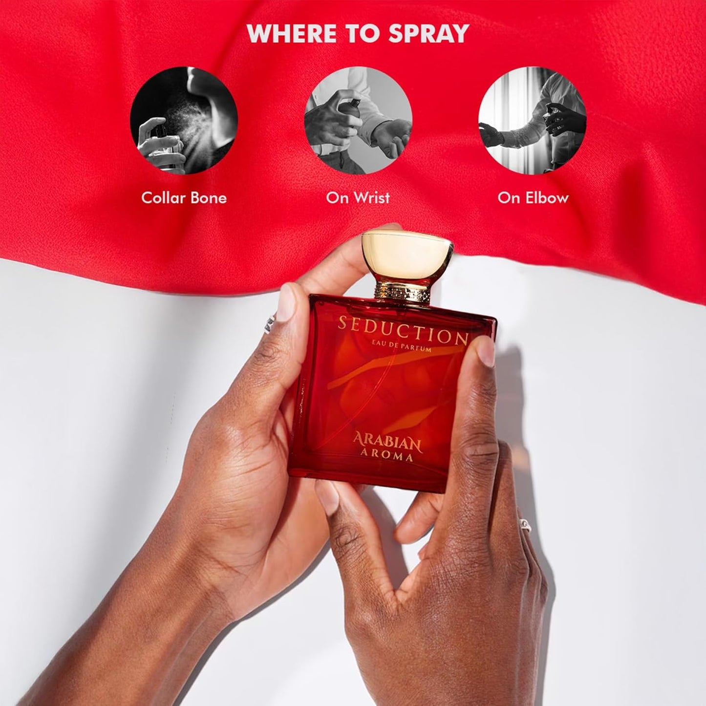 Red perfume bottle labeled 'Seduction' held by hands with instructions on application points on a red background.