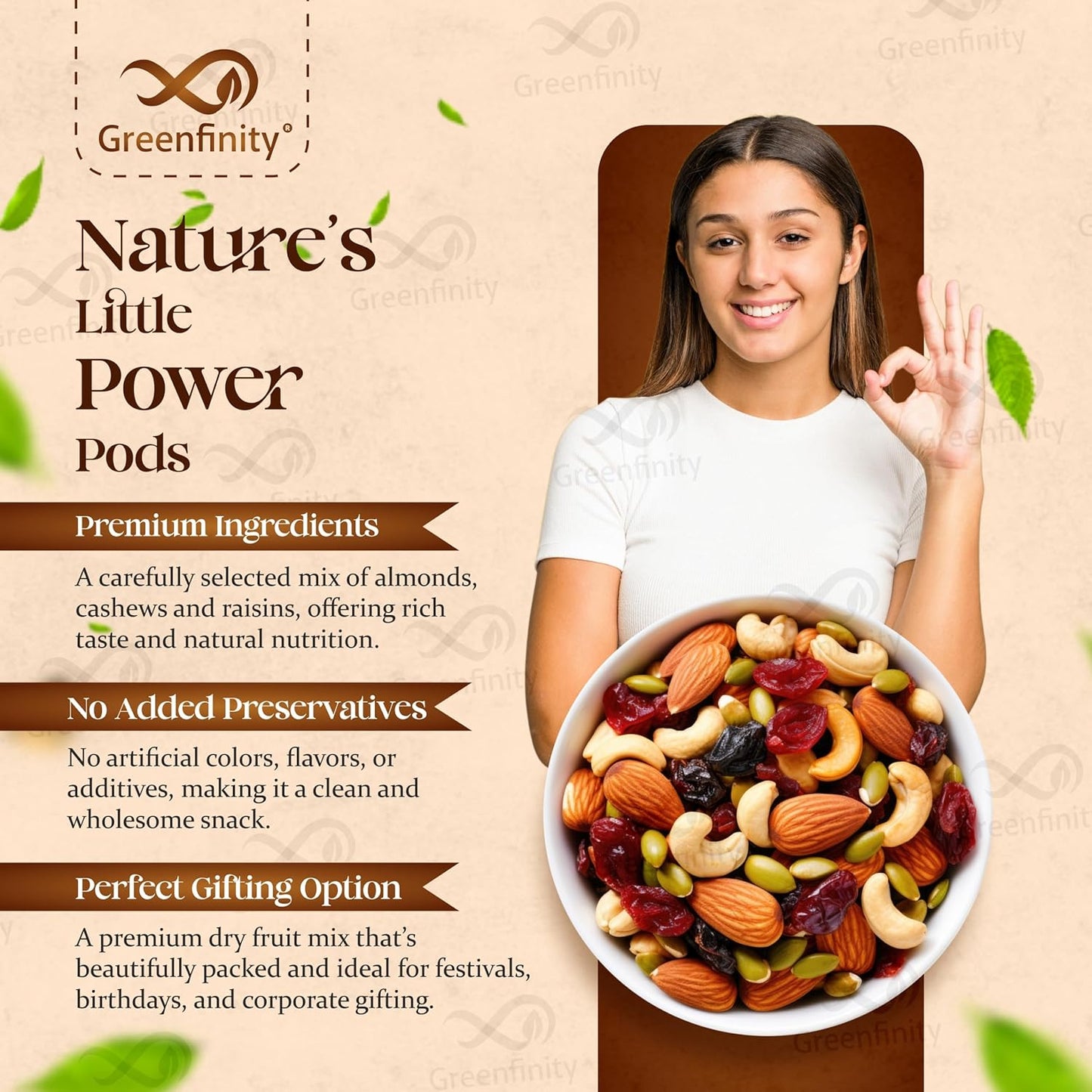 GreenFinity Mixed Dry Fruits Pack – 500g | Nutritious Snack with Almonds, Cashews, Raisins & Cranberries | Resealable Pack for Freshness