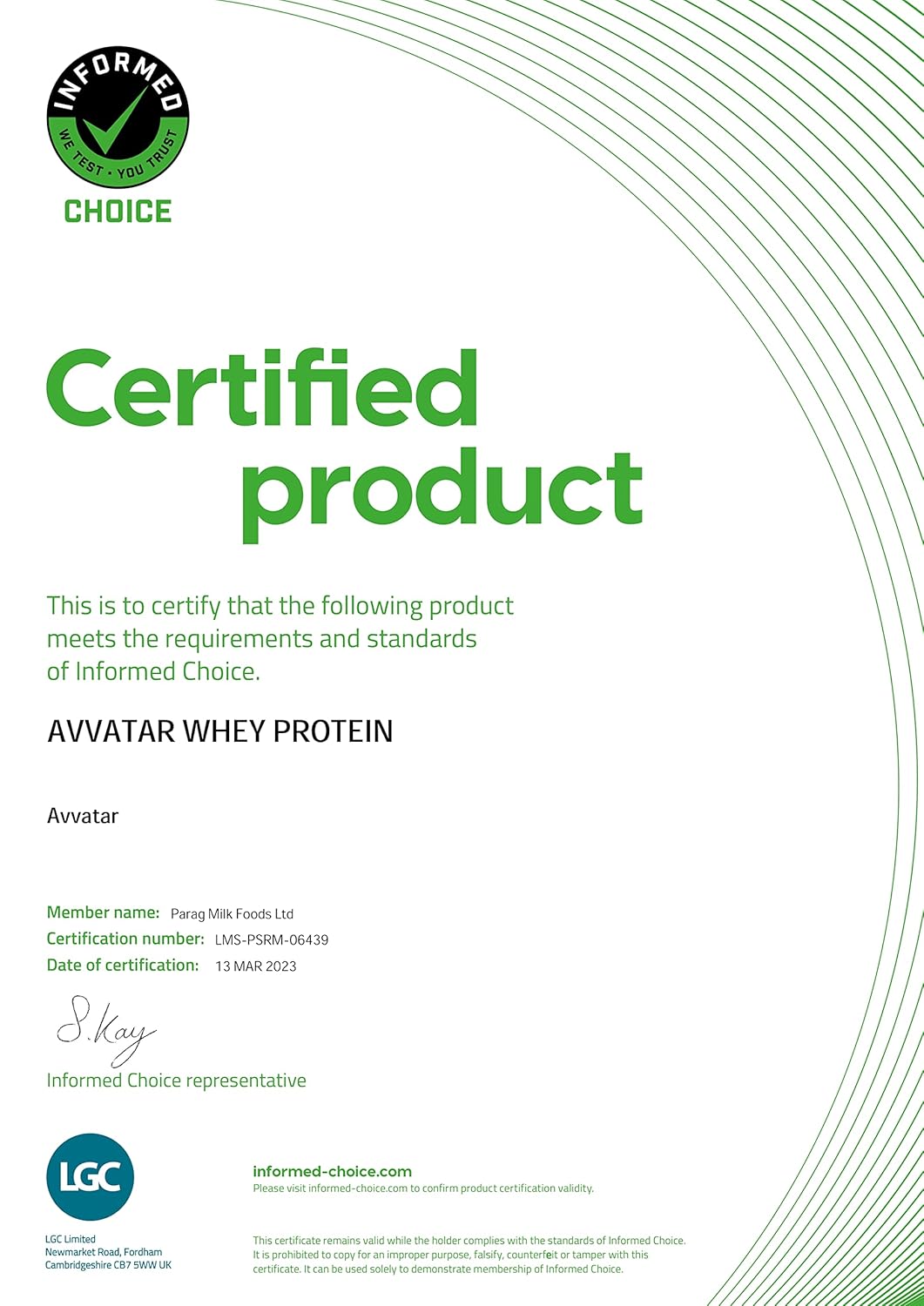 Certified product certificate for Avavatar Whey Protein with Informed Choice logo.