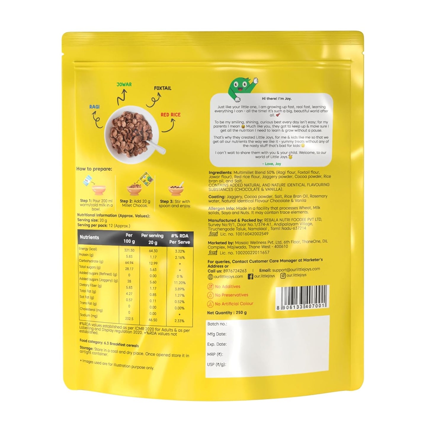 Little Joys Millet Choco Crunch | Healthy Breakfast Cereal for Kids | Made with Ragi, Jowar, Foxtail & Red Rice | No Maida, No Refined Sugar | Sweetened with Jaggery | 250gm