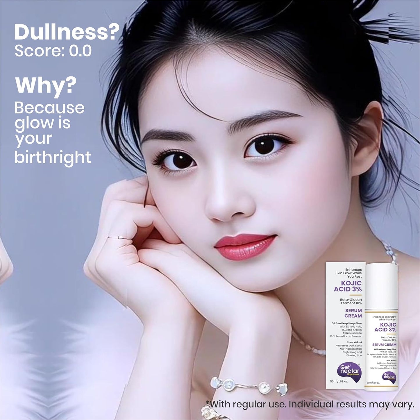 Get Nectar Happiness Glow Serum Cream with 3% Kojic Acid 5% Niacinamide 1% Alpha Arbutin & 25% Beta-Glucan for Dark Spots, Anti-Pigmentation, Brightening, Glowing Skin 50ml