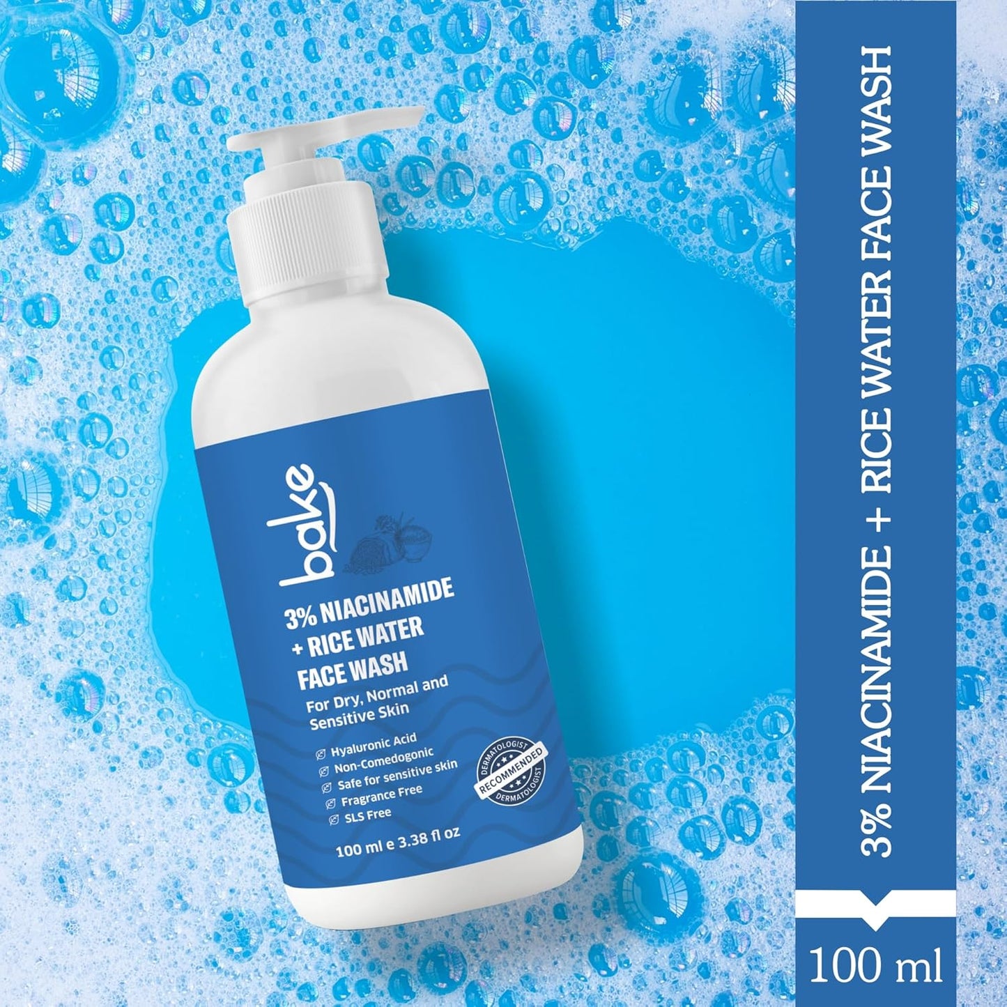 BAKE 3% Niacinamide Face Wash with Rice Water for Acne Marks, Scars & Dark Spots | Daily Anti Acne Face Wash | With Hyaluronic Acid - 100ml