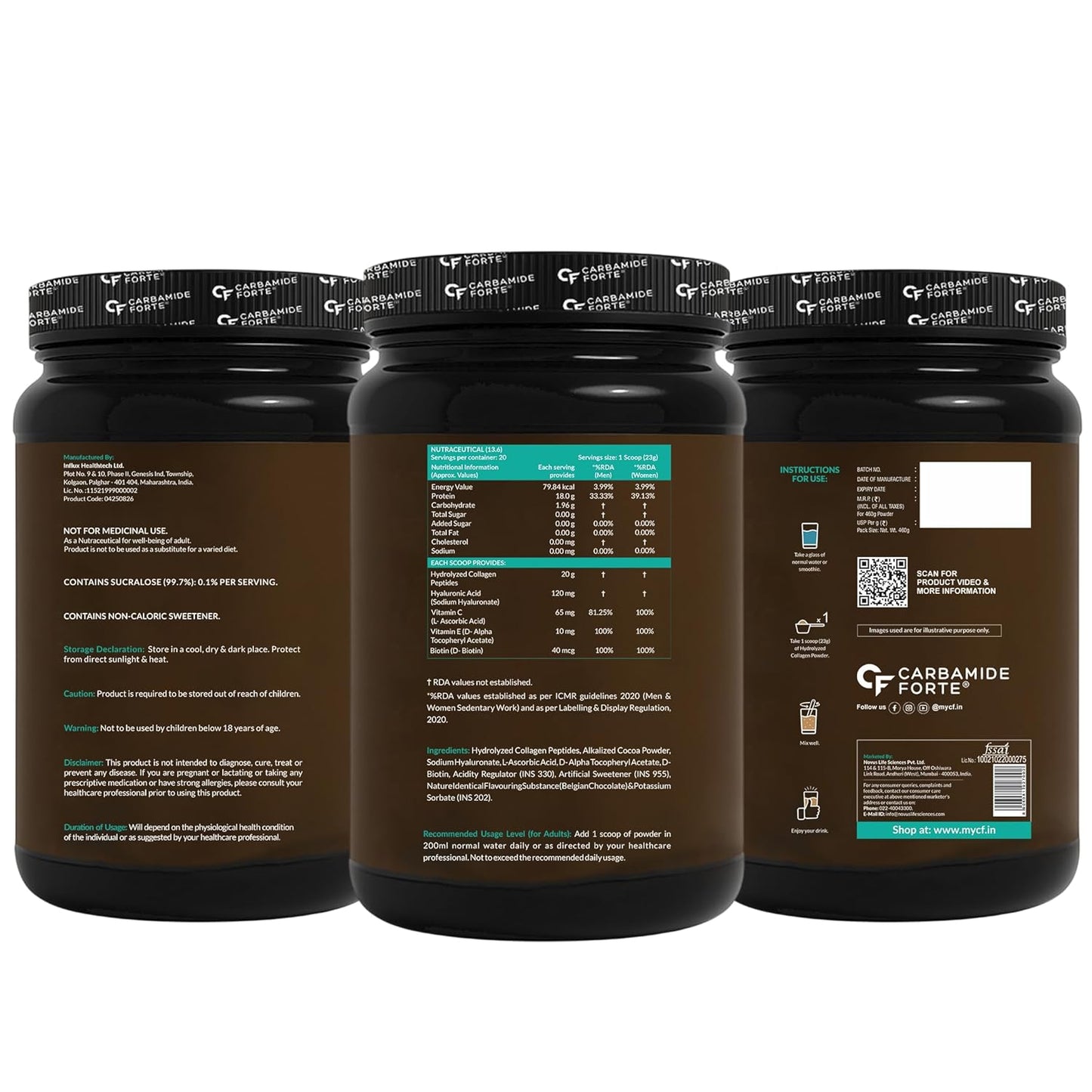 Carbamide Forte Hydrolyzed Collagen Supplements | Collagen Powder for Women & Men with 20g Peptides + 18g Protein Per Scoop | Type I & III with Hyaluronic Acid, Biotin, Vitamin C & E | Belgian Chocolate Flavour | 460g