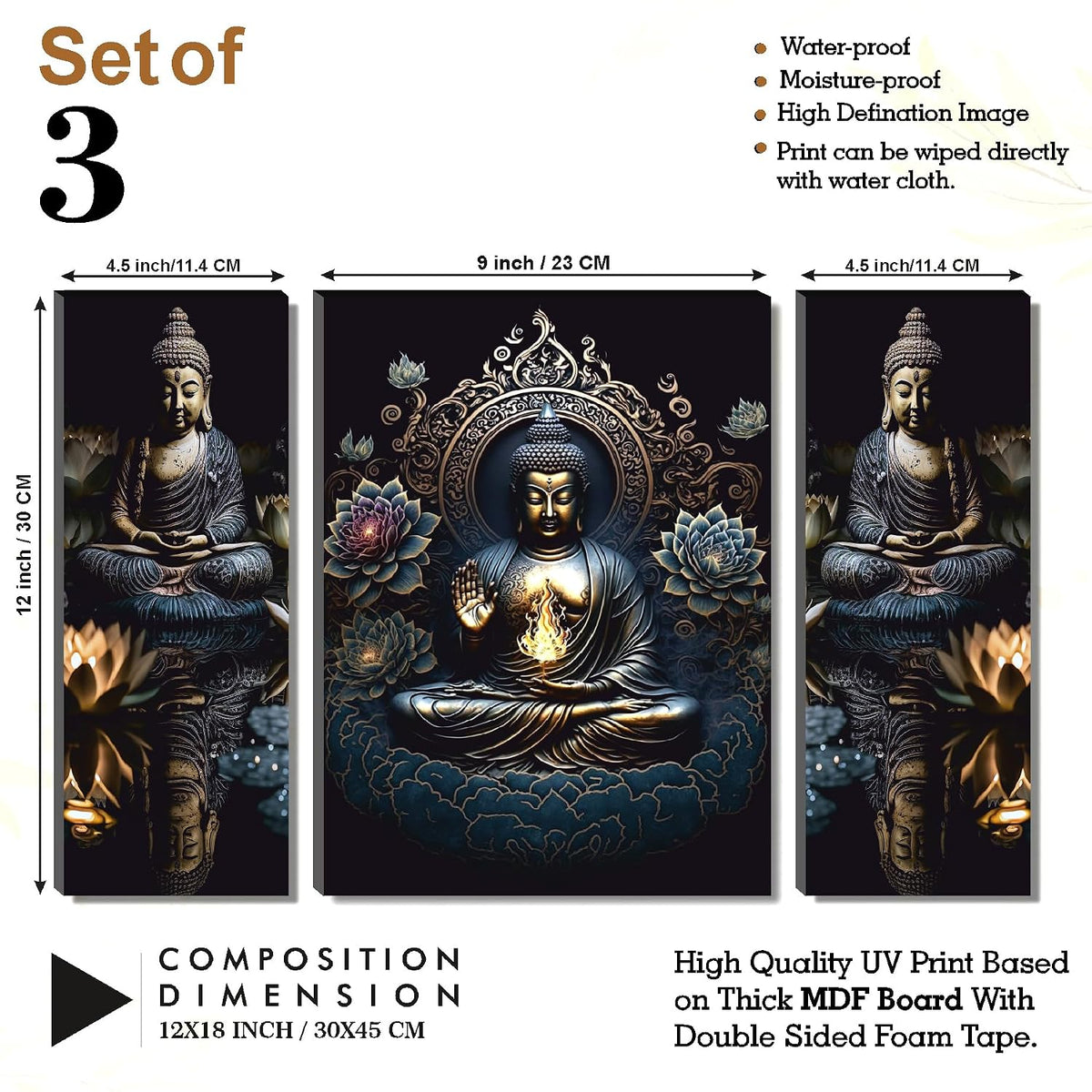 Golden Buddha with Lotus & Flame Wall Art – 3-Panel UV-Printed Zen Triptych | Ready-to-Hang Spiritual Meditation Décor for Home or Office (20 Inch x 12 Inch) JM-35302