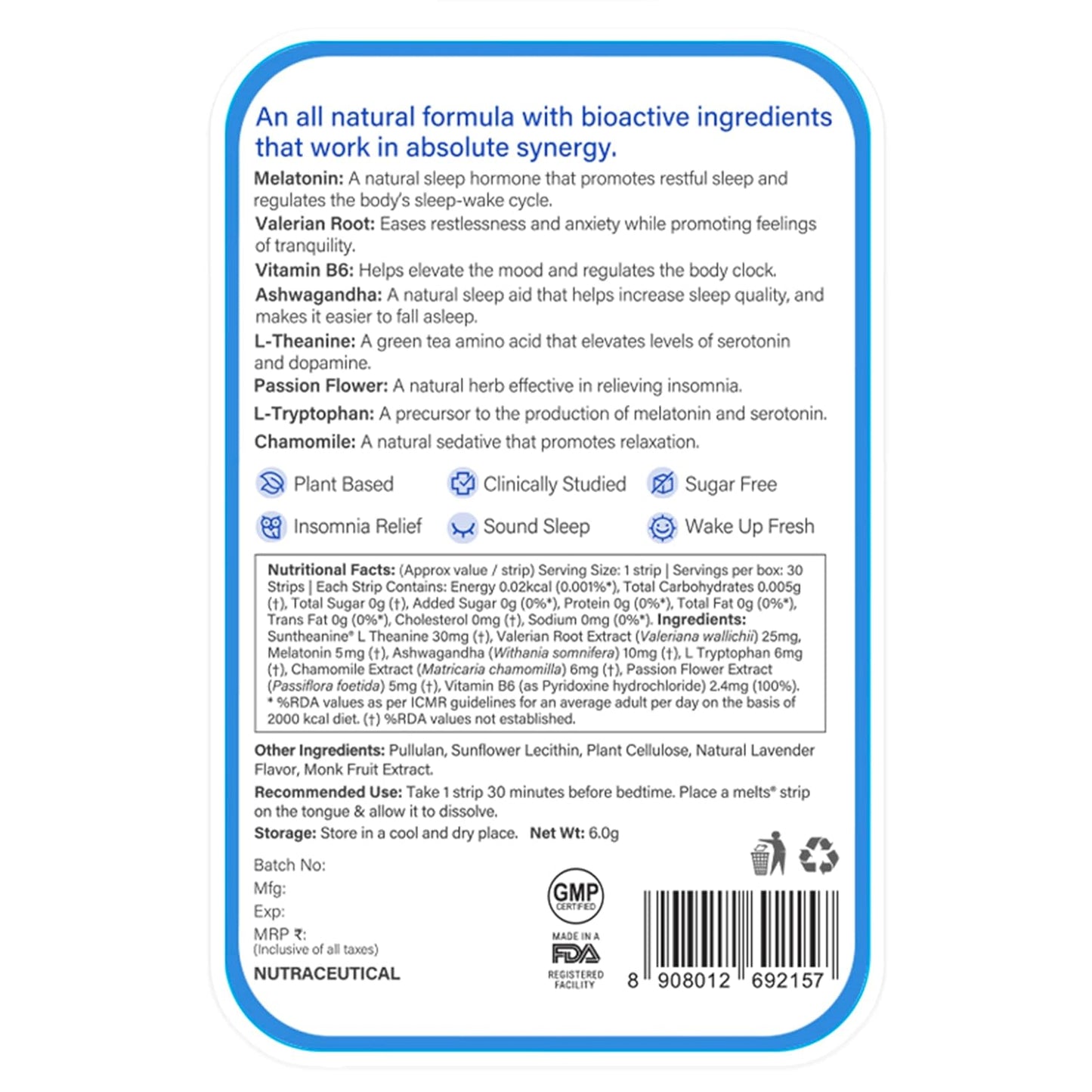 Zephivo Wellbeing Nutrition melts Restful Sleep | Plant-Based Melatonin 5mg for Deep Sleep, Stress Relief | Clinically Proven, Safe & Non-Addictive with Chamomile, Tagara, L-Theanine | 30 Oral Thin Strips