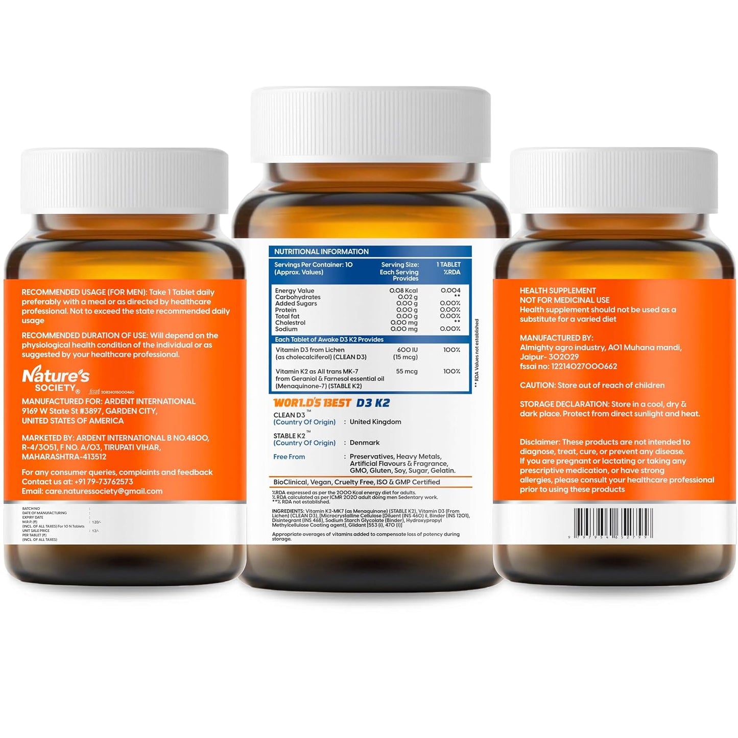 The Nature's Society ® Vitamin D3 K2 Supplement | D3 from UK | K2 MK7 from Denmark | For Calcium Utilization, Bone Strength & Heart Health | D3 Supplement For Immunity | Vegan D3 - Lichen - 120 Veg Tablets (120 Veg Tablets (10 count))
