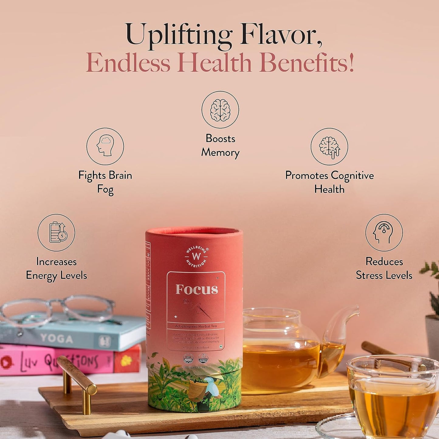 Wellbeing Nutrition Focus Tea | Memory Booster Green Tea for Focus, Concentration & Cognitive Function with Brahmi, Shankhpushpi, Ginkgo Biloba, Gotu Kola (20 Pyramid Tea Bags)