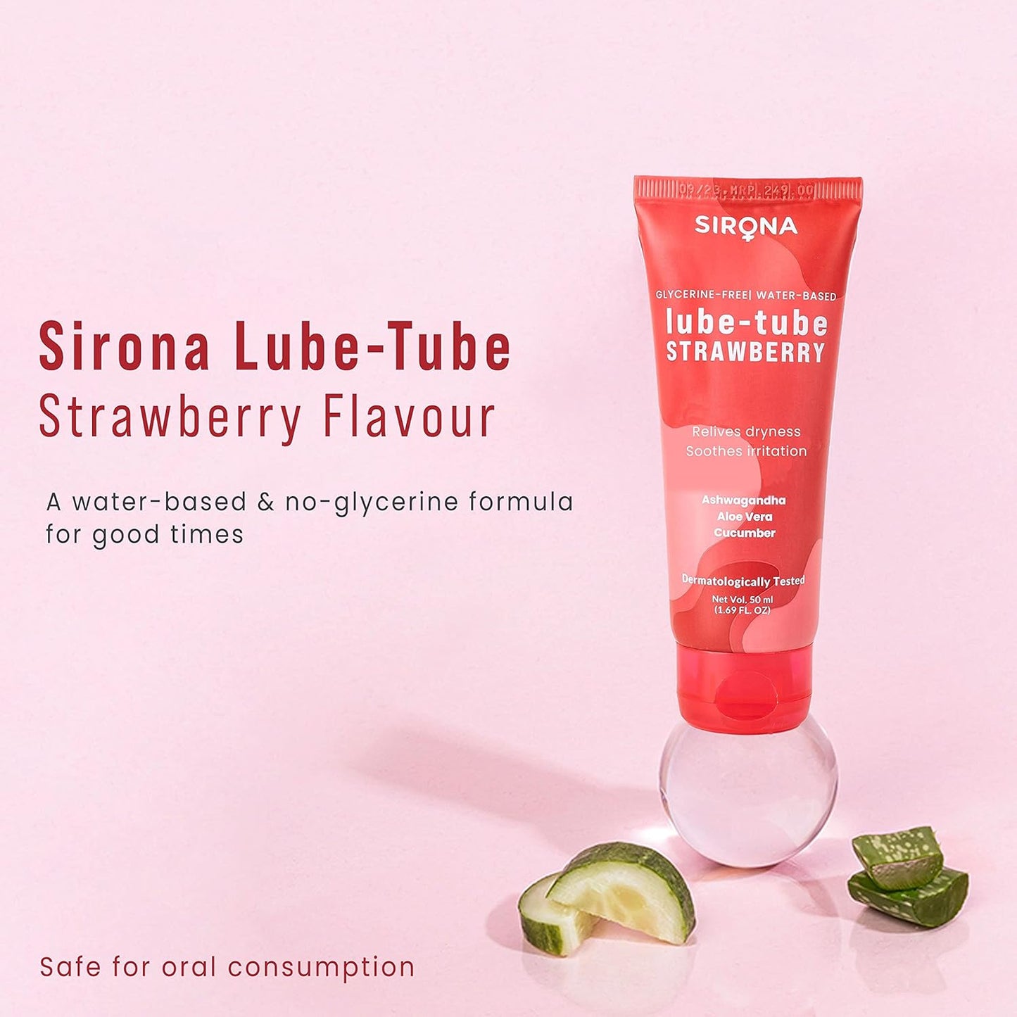 Sirona Lube Strawberry Flavoured Natural Lubricant Gel for Men & Women | Glycerine Free | Water-Based | Everyday Vaginal Moisturizer - 50 ml