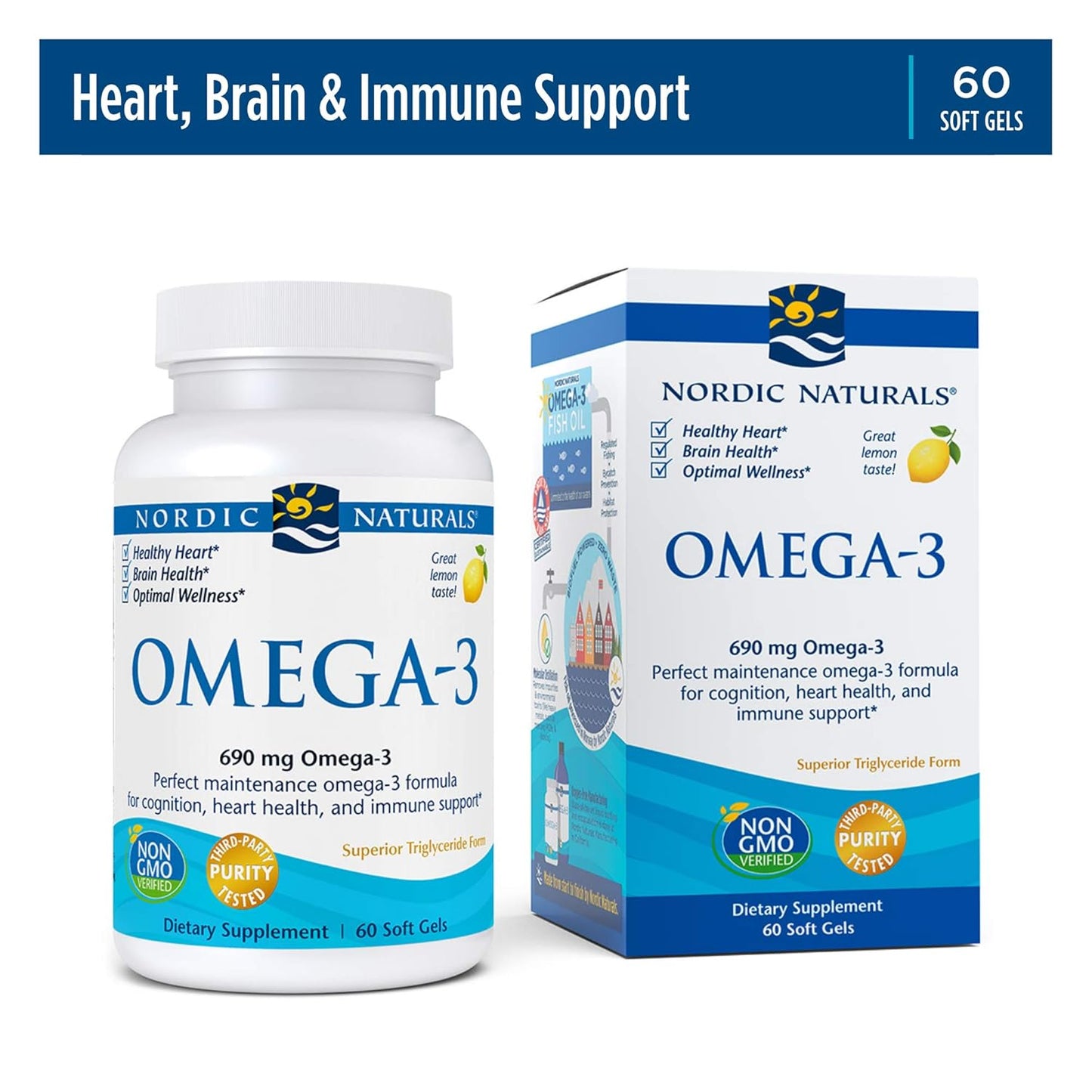 Nordic Naturals Omega 3 Fish Oil EPA And DHA | 690Mg Omega3 Support Brain, Heart Health & Immunity | Omega Fish Oil For Men & Women Lemon Flavour 60 Softgels