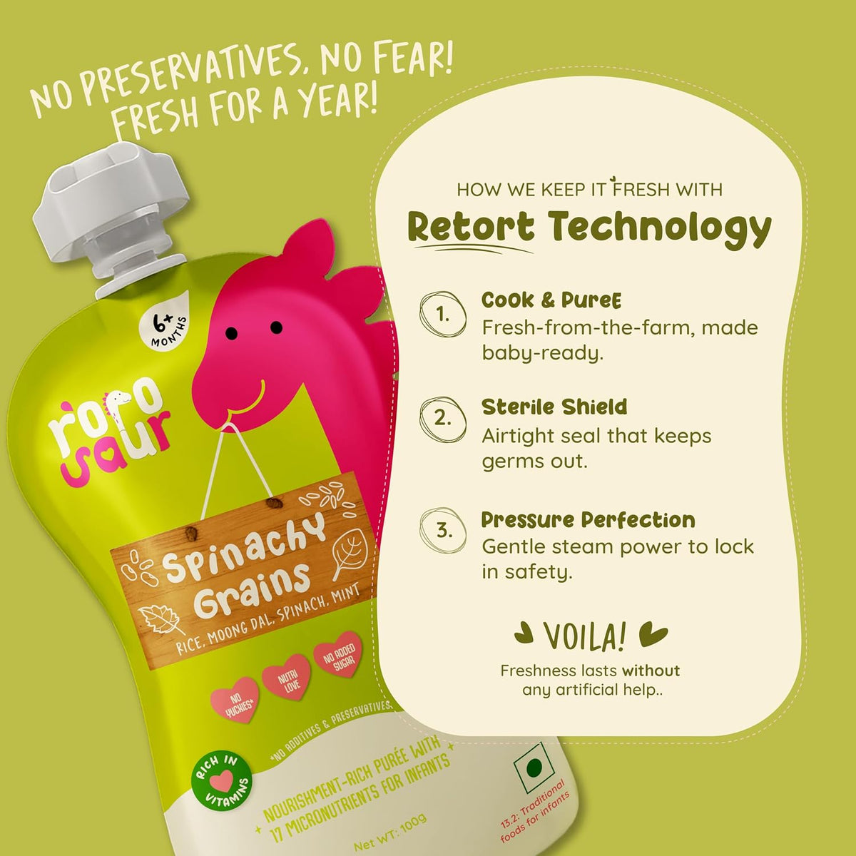Rorosaur Baby Food Puree Pouch | Ready to Eat Palak Dal with Jowar in Pouch for 6+ Months Baby| Spinach |Easy to Digest, 100% Natural Healthy, No Preservatives, No Sugar, No Salt | 100g each, Pk of 2