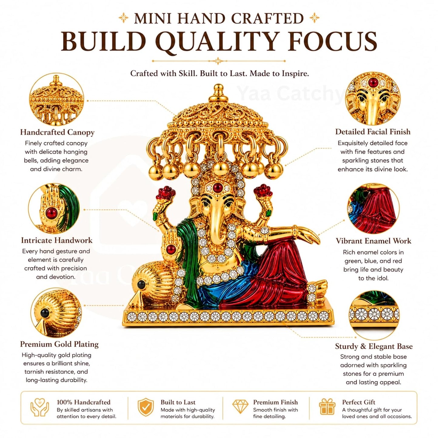 Yaa Catchy Mini Ganesh Idol for Car Dashboard | Small Ganesha Idol for Home, Office Desk & Pooja | Ganpati Murti with Premium Gold & Stone Work |5.5 cm (Mini Maharaja Ganesha)