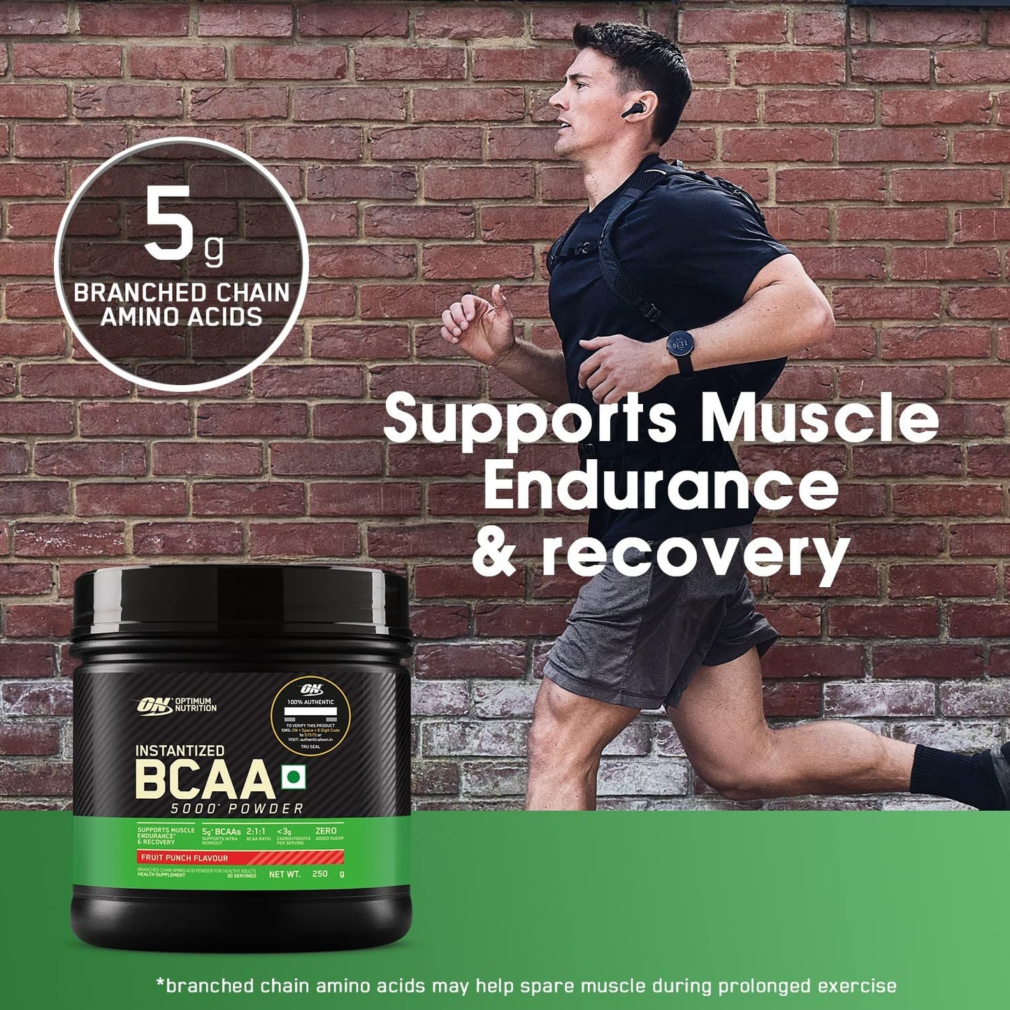 Optimum Nutrition BCAA, 5g BCAAs in 2:1:1 Ratio, 30 servings, For Muscle Recovery & Endurance, Intra workout, Informed Choice certified, 250gm