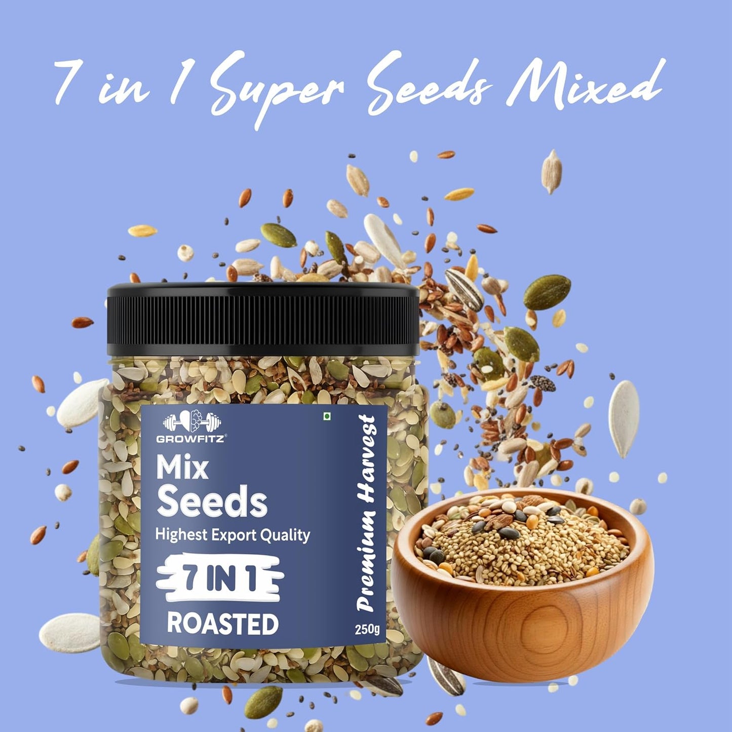 Growfitz 7-in-1 Super Seed Mix | 250g | 24.4g High Protein & Fiber | Roasted Pumpkin, Sunflower, Flax, Chia, Soy Nuts & Sesame | Healthy Snack |