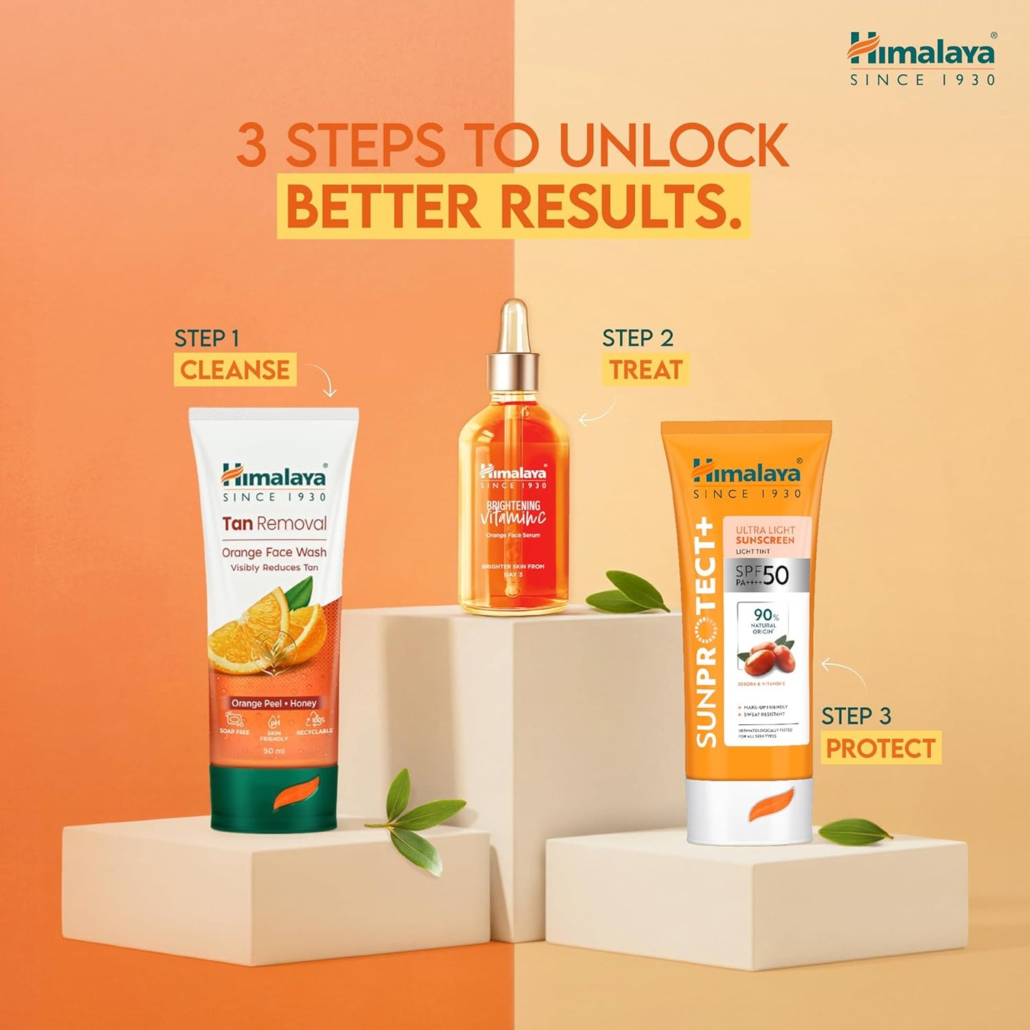 Himalaya skincare products with '3 Steps to Unlock Better Results' on an orange background