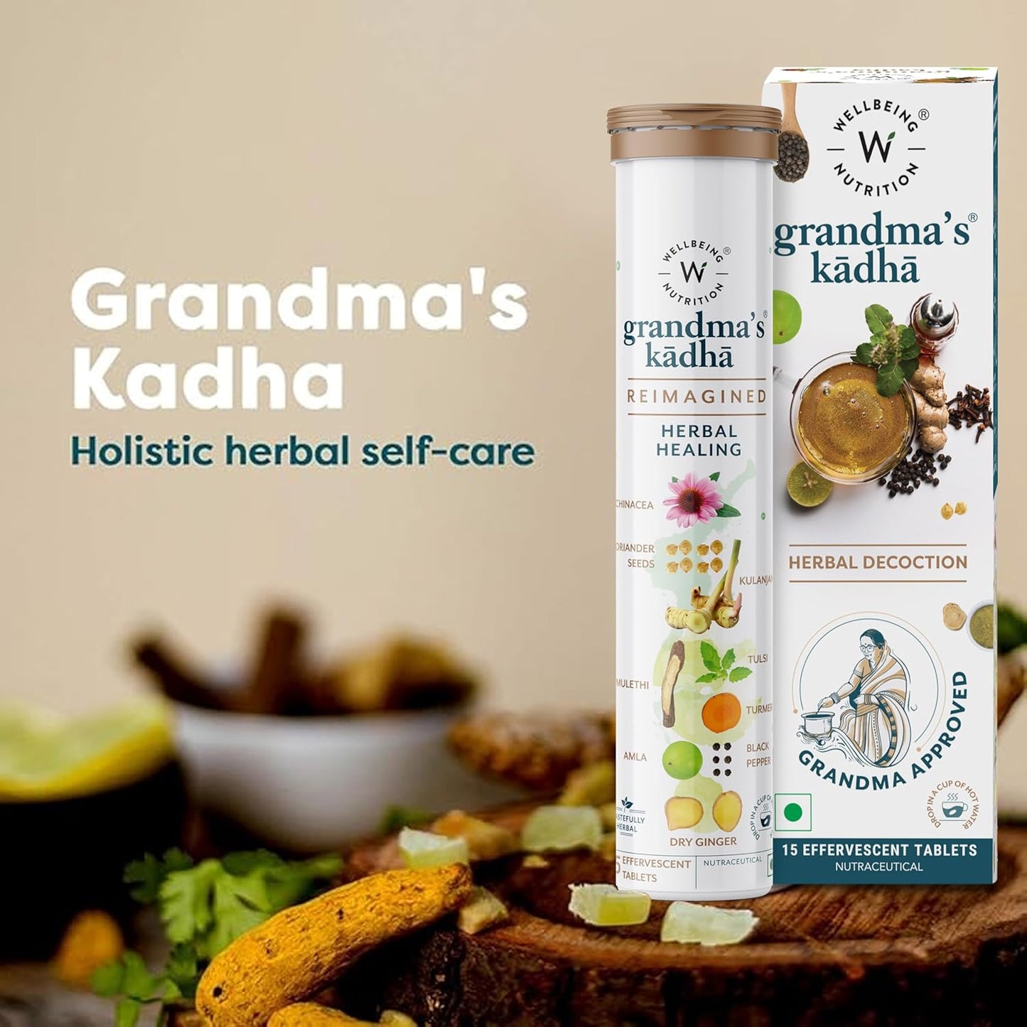 Wellbeing Nutrition Grandma's Kadha - Ayush Kwath Immunity Booster | Ayurvedic Kadha for Immunity, Cold, Cough, Sore Throat & Congestion | Immunity Boosters for Adults (15 Effervescent Tablets)