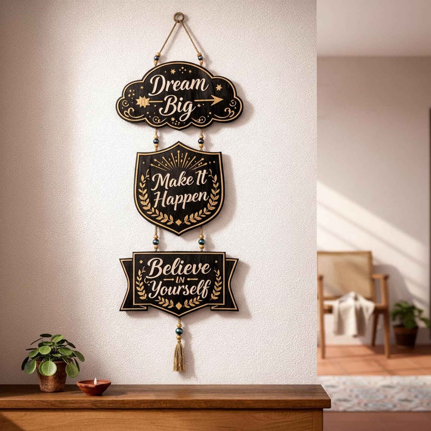 eCraftIndia Gold Foil Embossed Wooden Dream Big Make It Happen Believe In Yourself Wall Hanging for Home Office