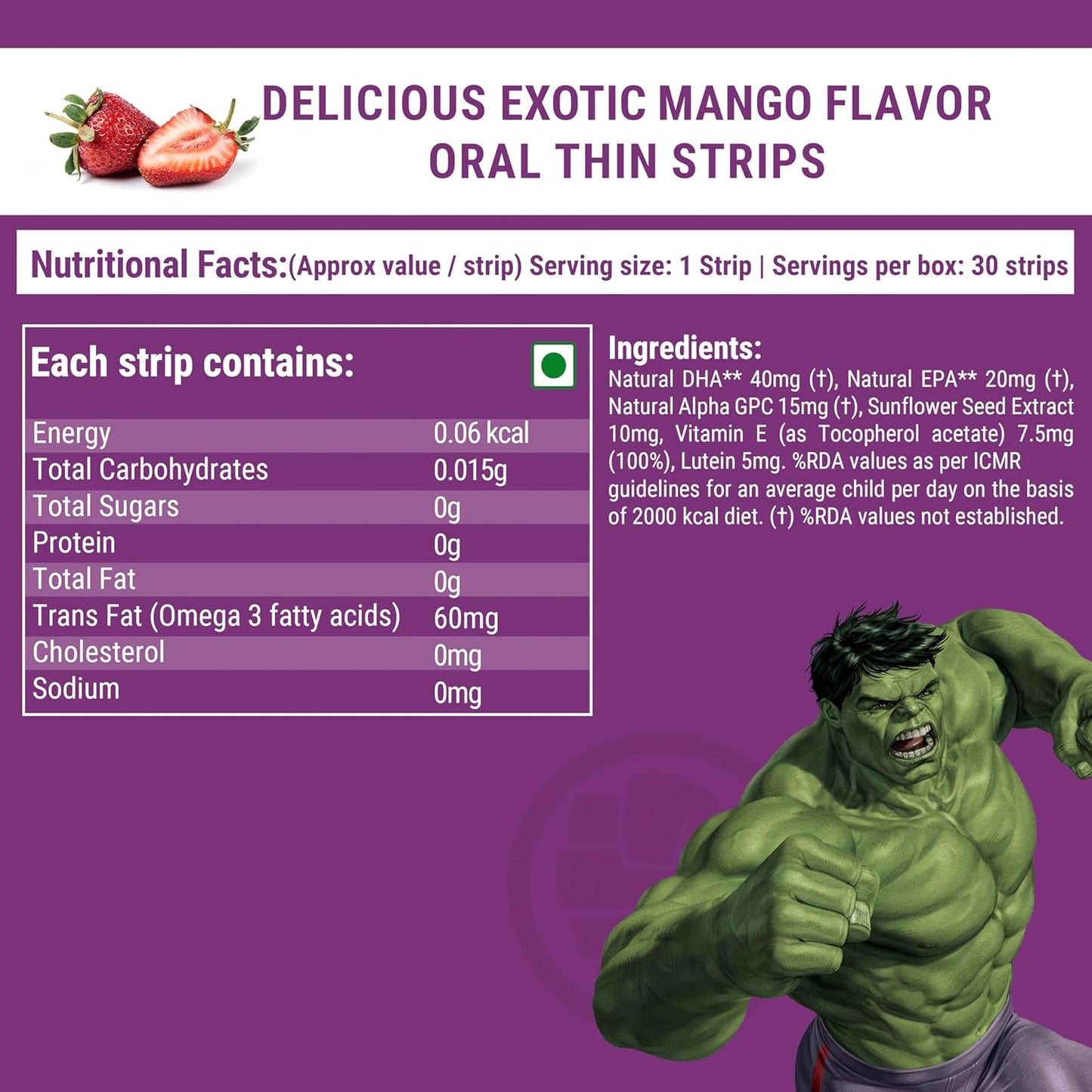 Wellbeing Nutrition Marvel Hulk Melts | Vegan Omega 3 for Kids (6+) Supports Brain Development, Concentration, Eye & Heart Health | Algae Omega 3 EPA DHA | Strawberry Mint Flavor (30 Oral Strips)
