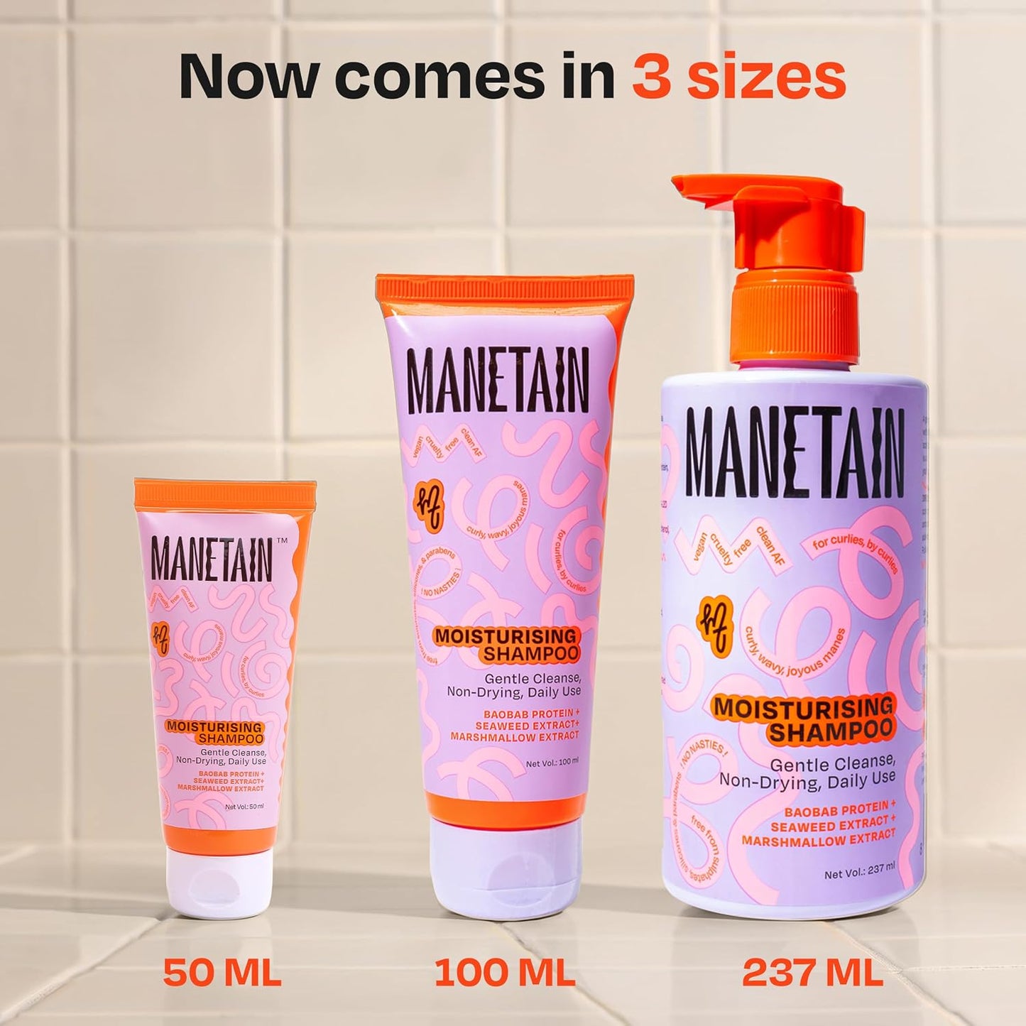 MANETAIN Moisturising Shampoo 50ml for Curly, Dry & Frizzy Hair | Sulphate & Paraben Free | Hydrates & Strengthens with Baobab Protein, Seaweed & Marshmallow Extract | CG-Friendly, Gentle Cleanser for Soft, Defined Curls