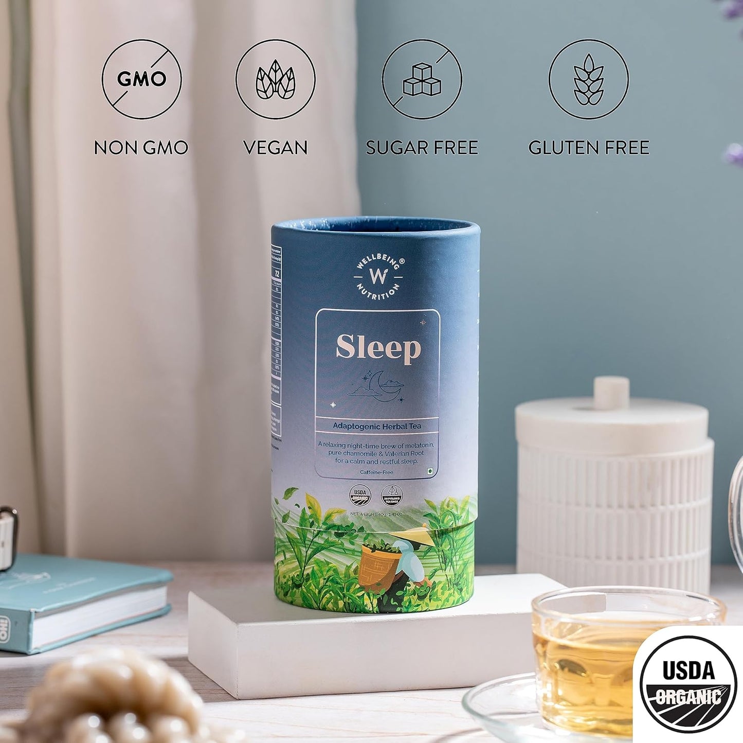 WELLBEING NUTRITION Sleep Tea|Caffeine Free Tea Bags For Insomnia & Stress Relief,Relaxation & Improved Sleep Quality|5Mg Melatonin,Chamomile,Valerian Root,Lavender (20 Pyramid Tea Bags) - Chamomile