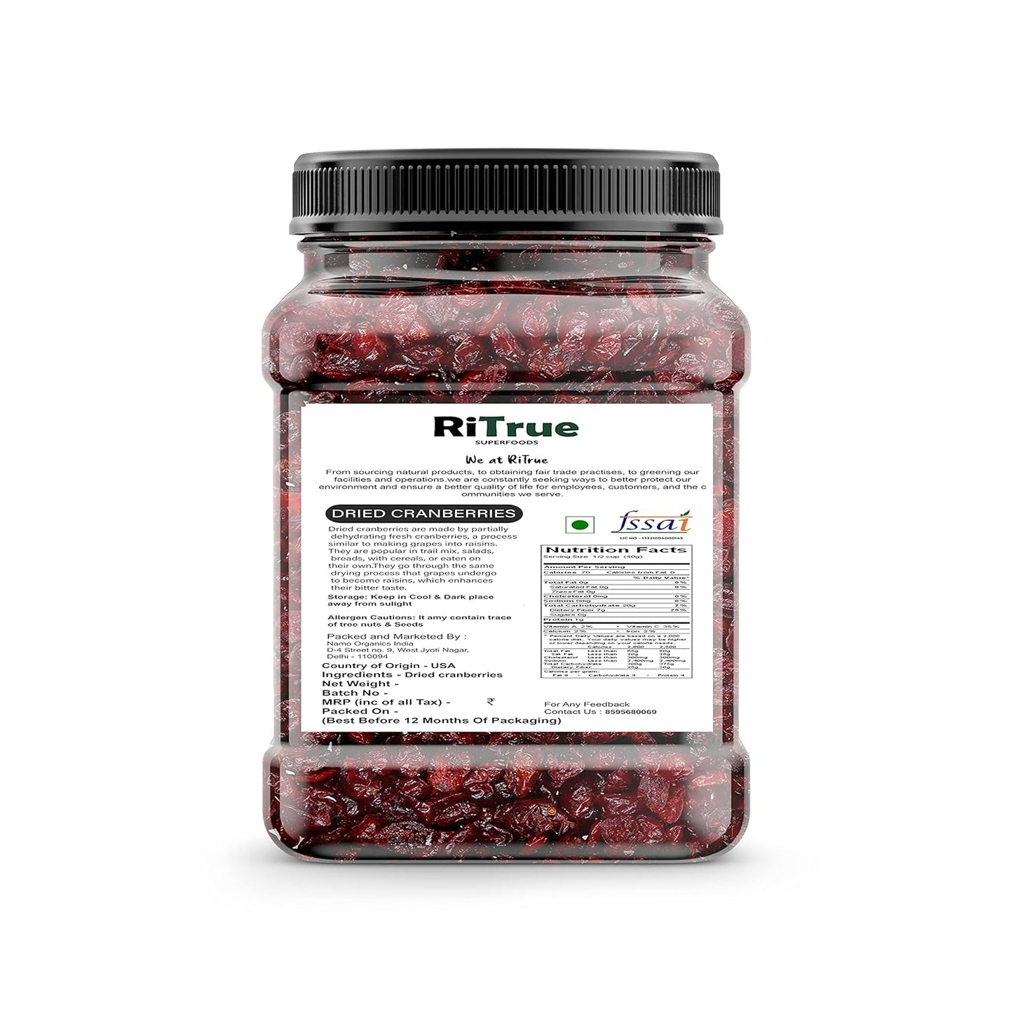 RiTrue - Dried Sliced Cranberry - 250 Gm Jar - Vegan, Non-GMO, Gluten Free | USA Cranberries Dry Fruits